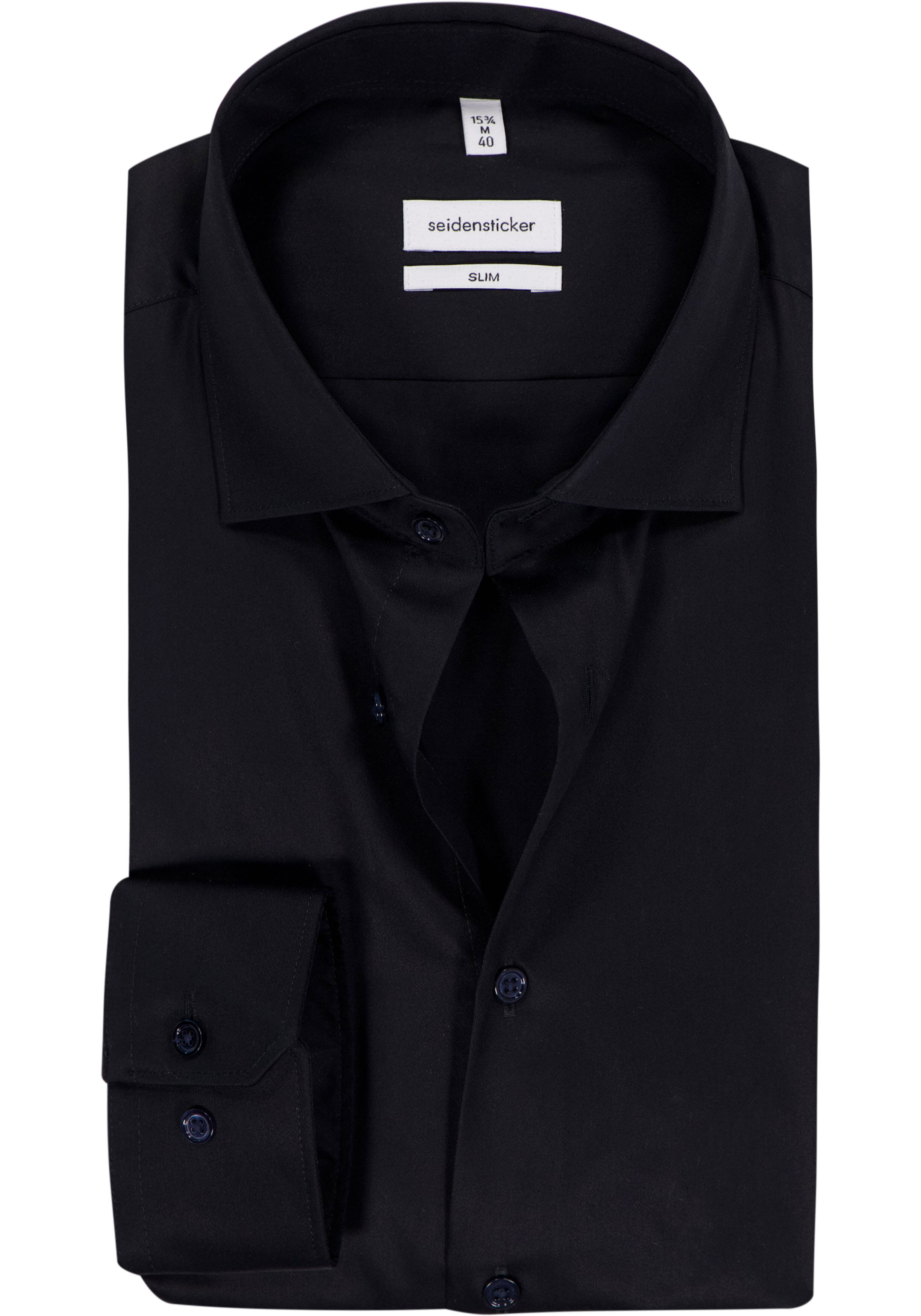 Seidensticker slim fit overhemd, mouwlengte 7, popeline, zwart