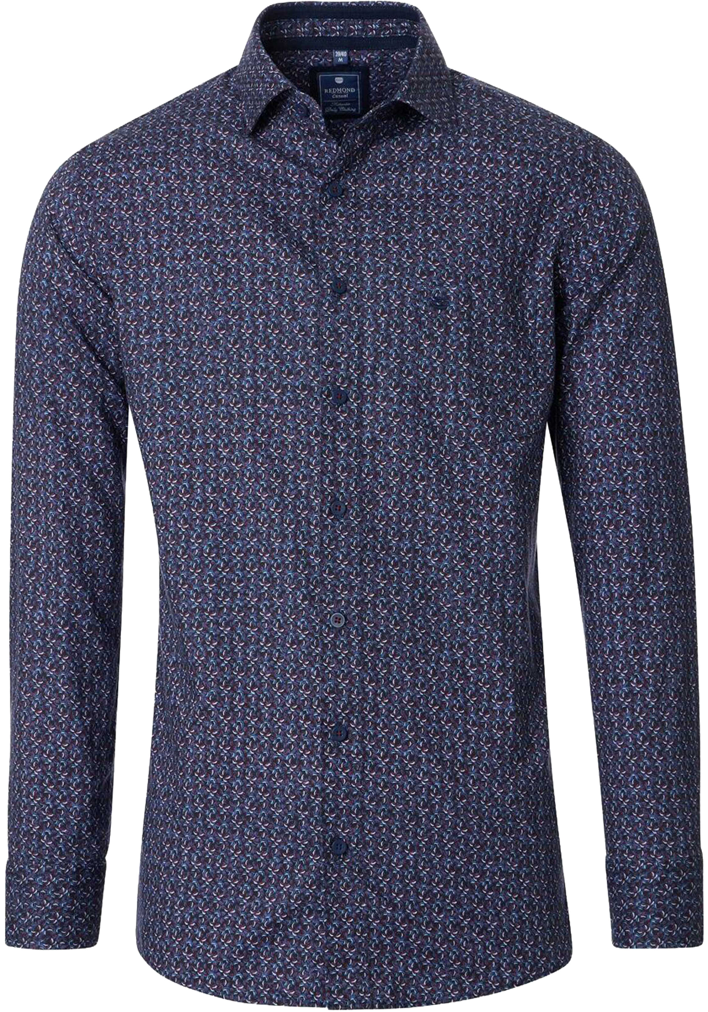Redmond comfort fit overhemd, popeline, donkerblauw met wit en rood dessin