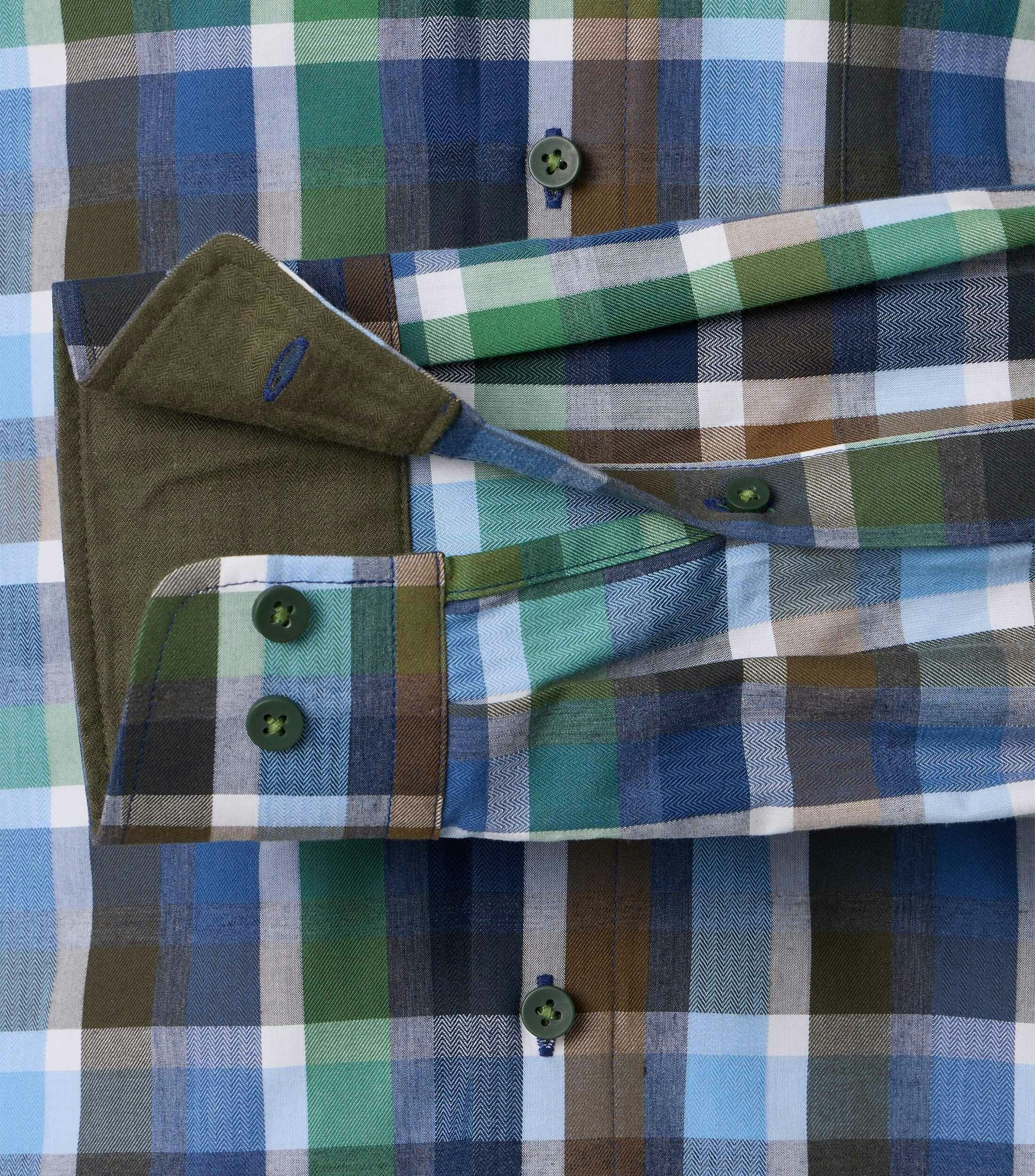 Redmond comfort fit overhemd, dobby, groen, blauw, bruin en wit geruit