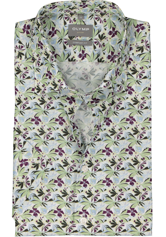 OLYMP comfort fit overhemd, korte mouw, popeline, wit met groen en blauw dessin OLYMP comfort fit overhemd, korte mouw, popeline, wit met groen en blauw dessin