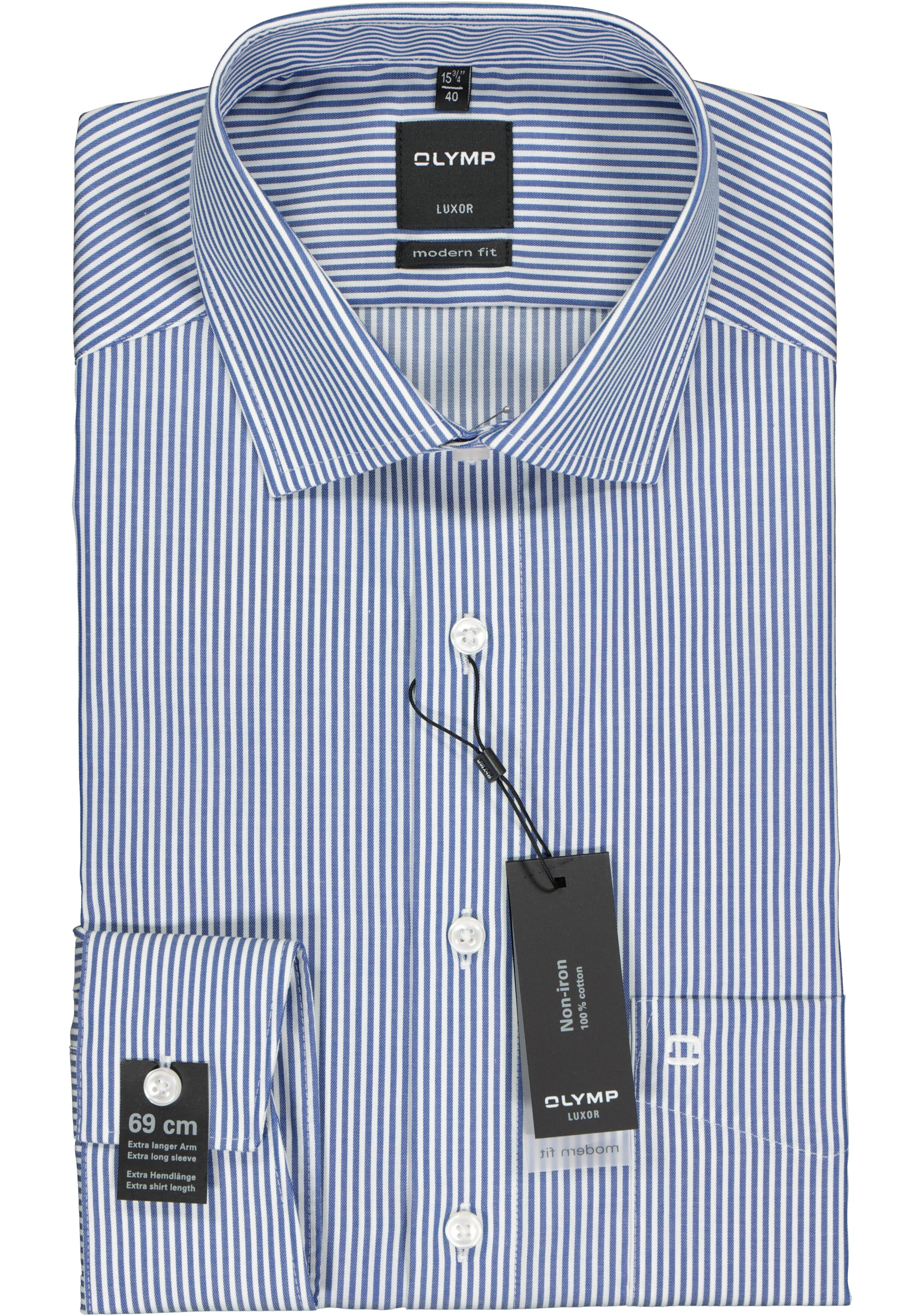 OLYMP Luxor modern fit overhemd, mouwlengte 7, twill, marine blauw met wit gestreept