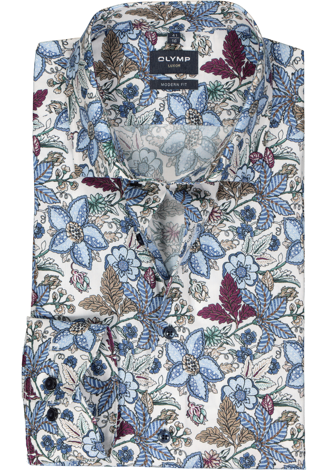 1-4066425597828_olymp-overhemd_HR OLYMP modern fit overhemd, popeline, wit met blauw en donkerroze bloemen dessin