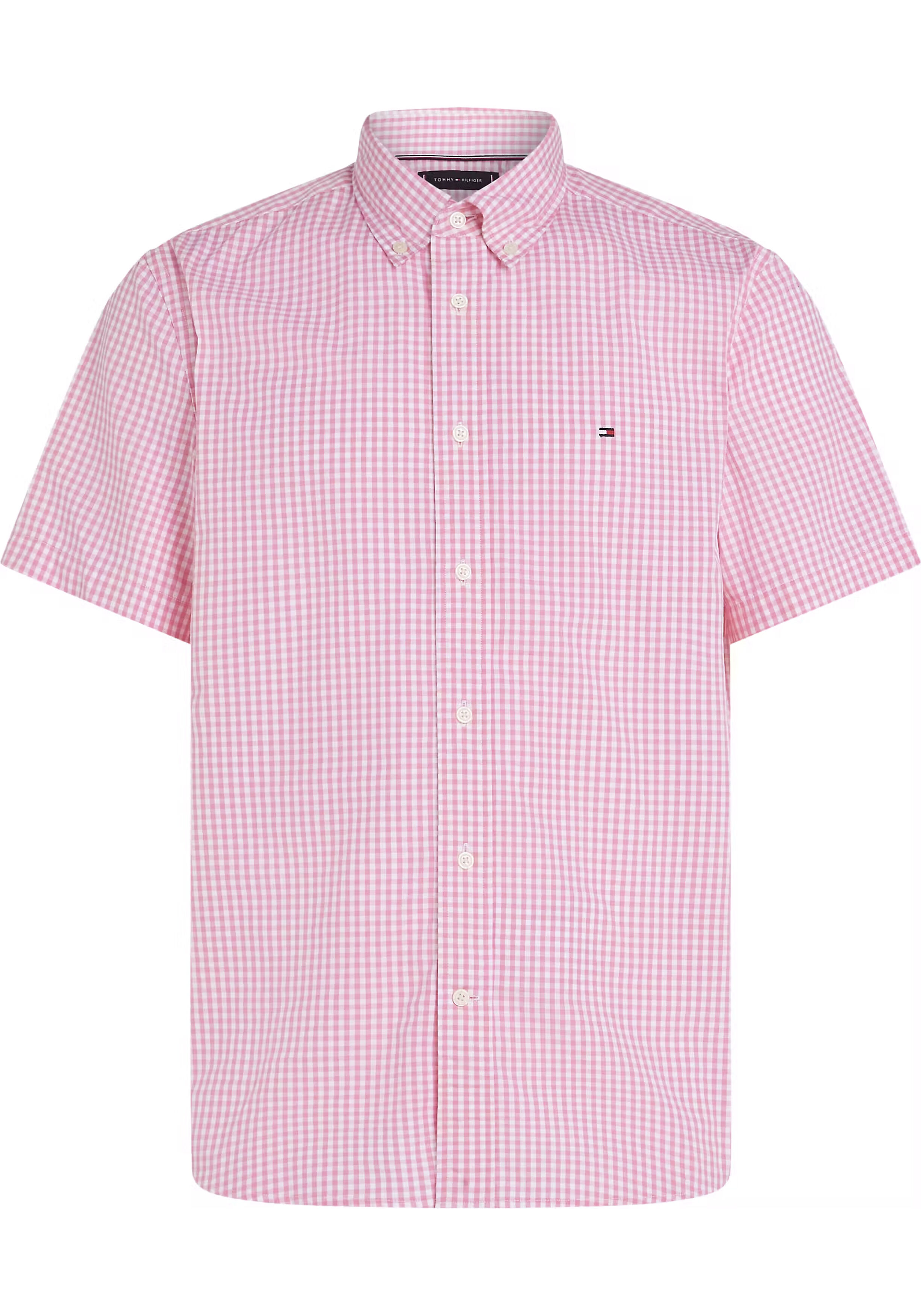 Tommy Hilfiger Flex Poplin Regular Fit Shirt, korte mouw, popeline, roze met wit geruit