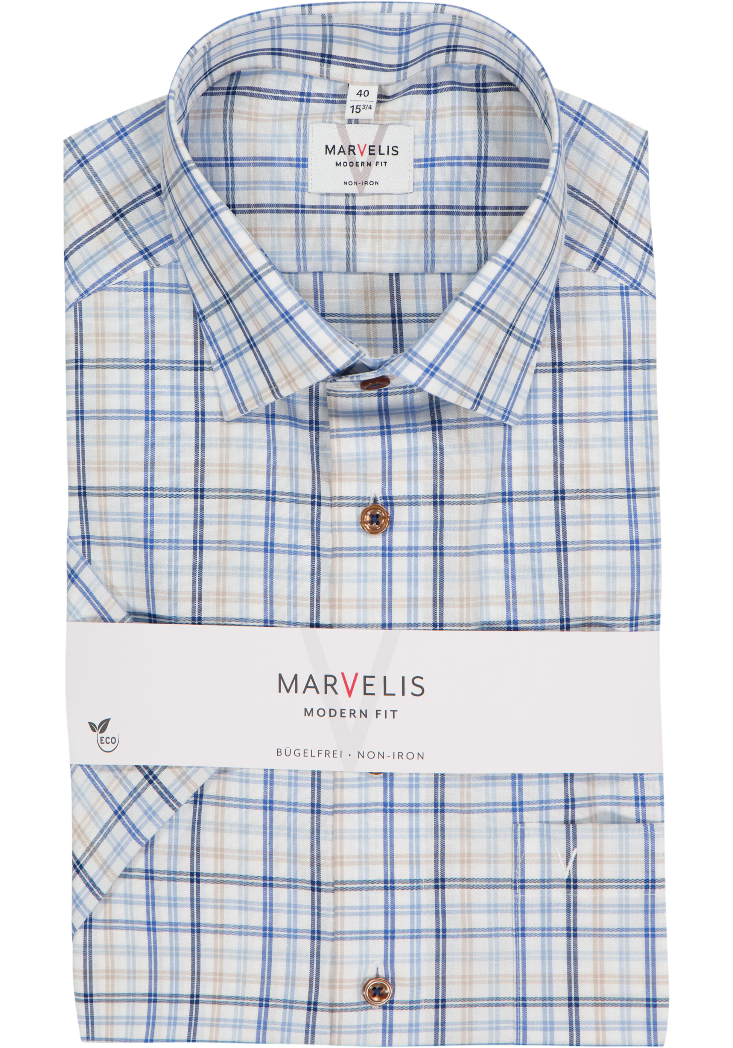 MARVELIS modern fit overhemd, korte mouw, popeline, wit met blauw en beige geruit