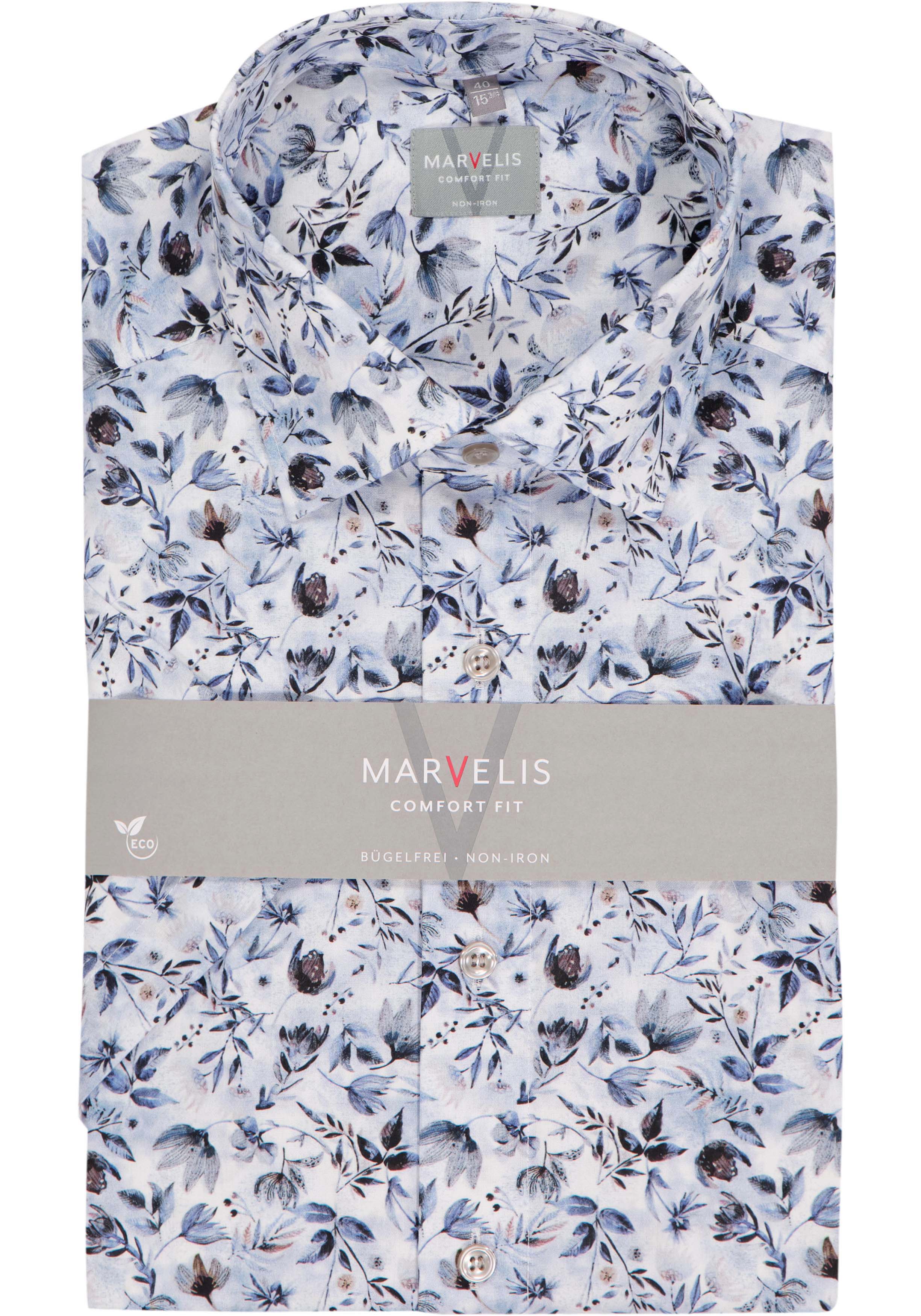 MARVELIS comfort fit overhemd, korte mouw, popeline, wit met blauw en bruin bloemen dessin