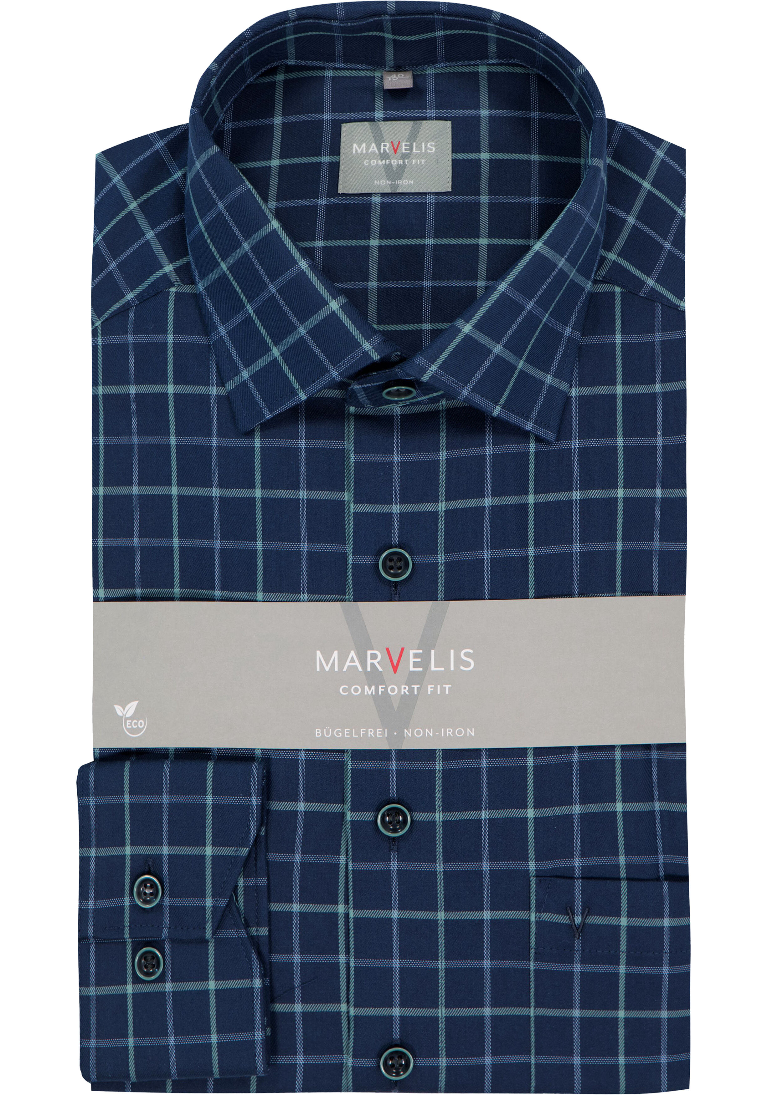 MARVELIS comfort fit overhemd, popeline, donkerblauw met lichtblauw en groen geruit
