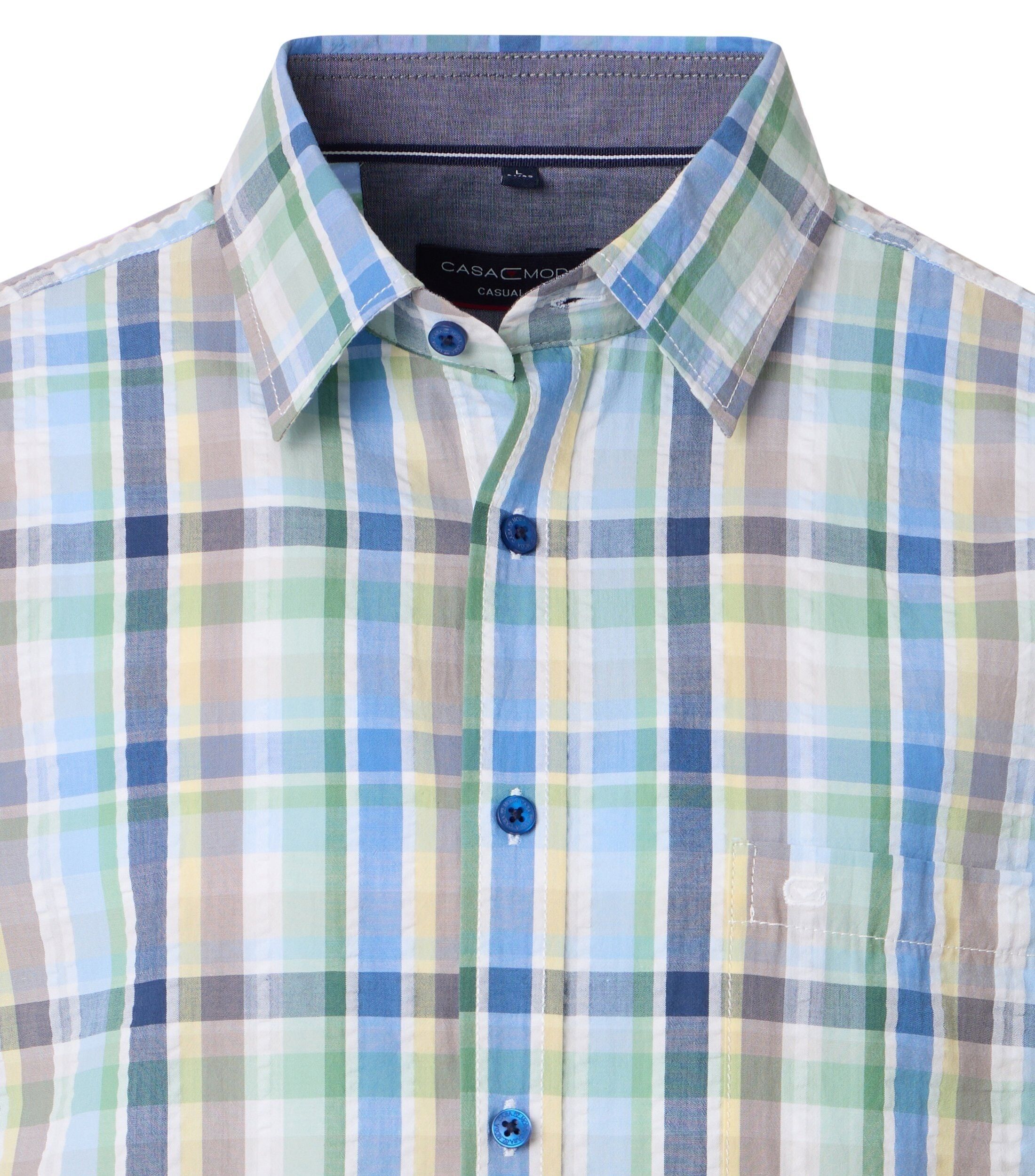 CASA MODA Sport casual fit overhemd, korte mouw, seersucker, beige, groen, blauw en wit geruit