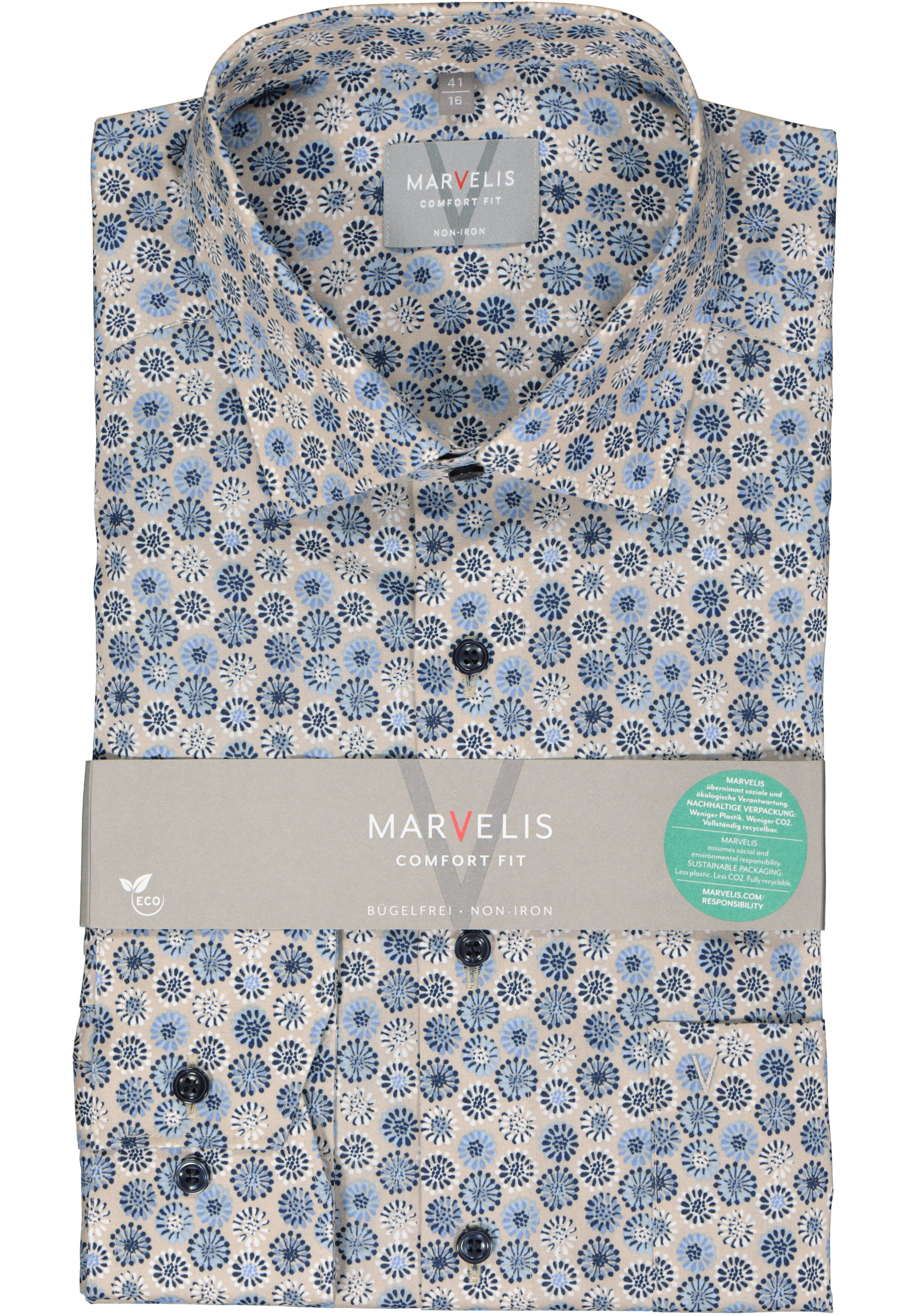 MARVELIS comfort fit overhemd, popeline, beige met blauw en wit dessin