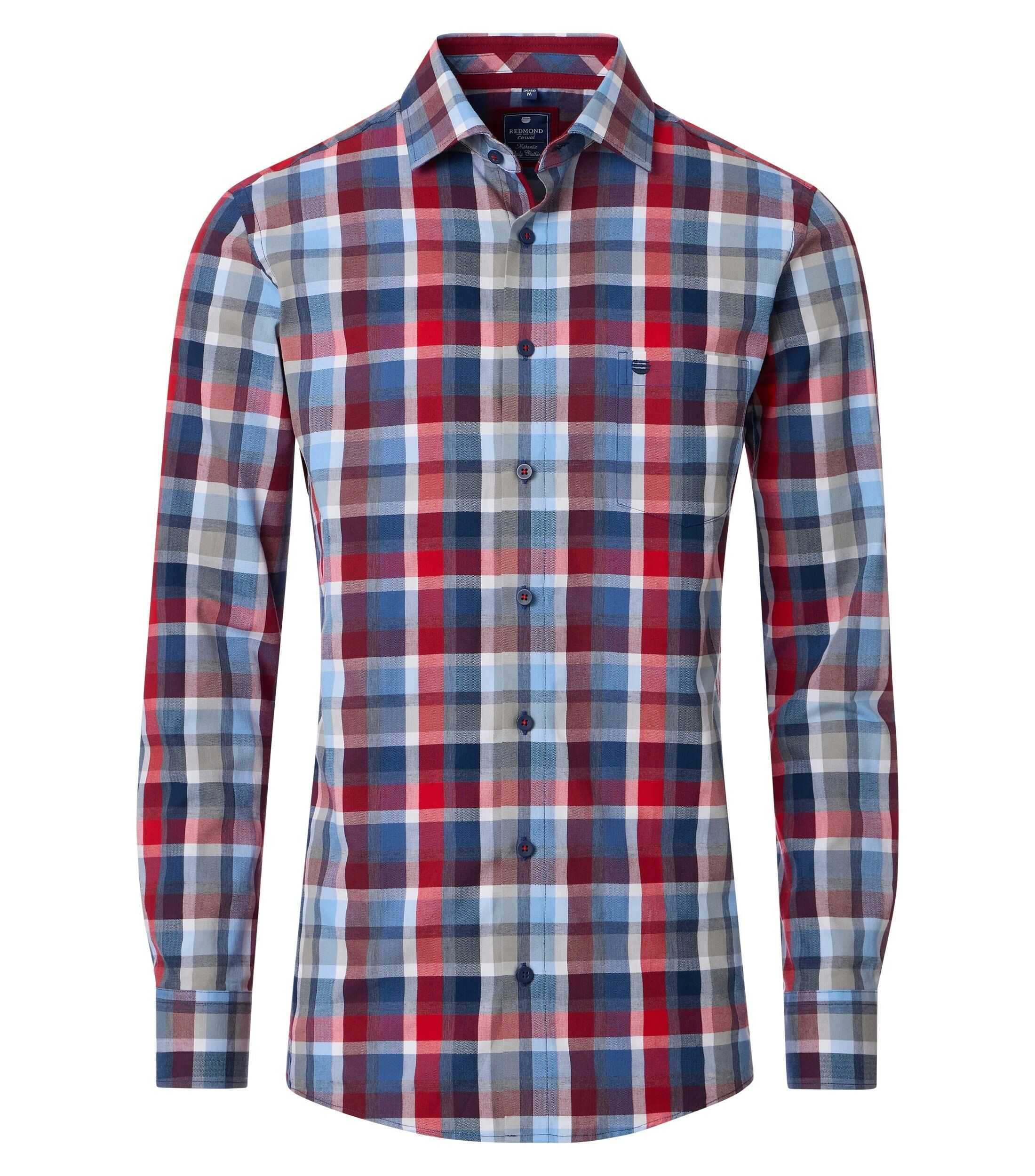 Redmond comfort fit overhemd, dobby, rood, wit blauw geruit
