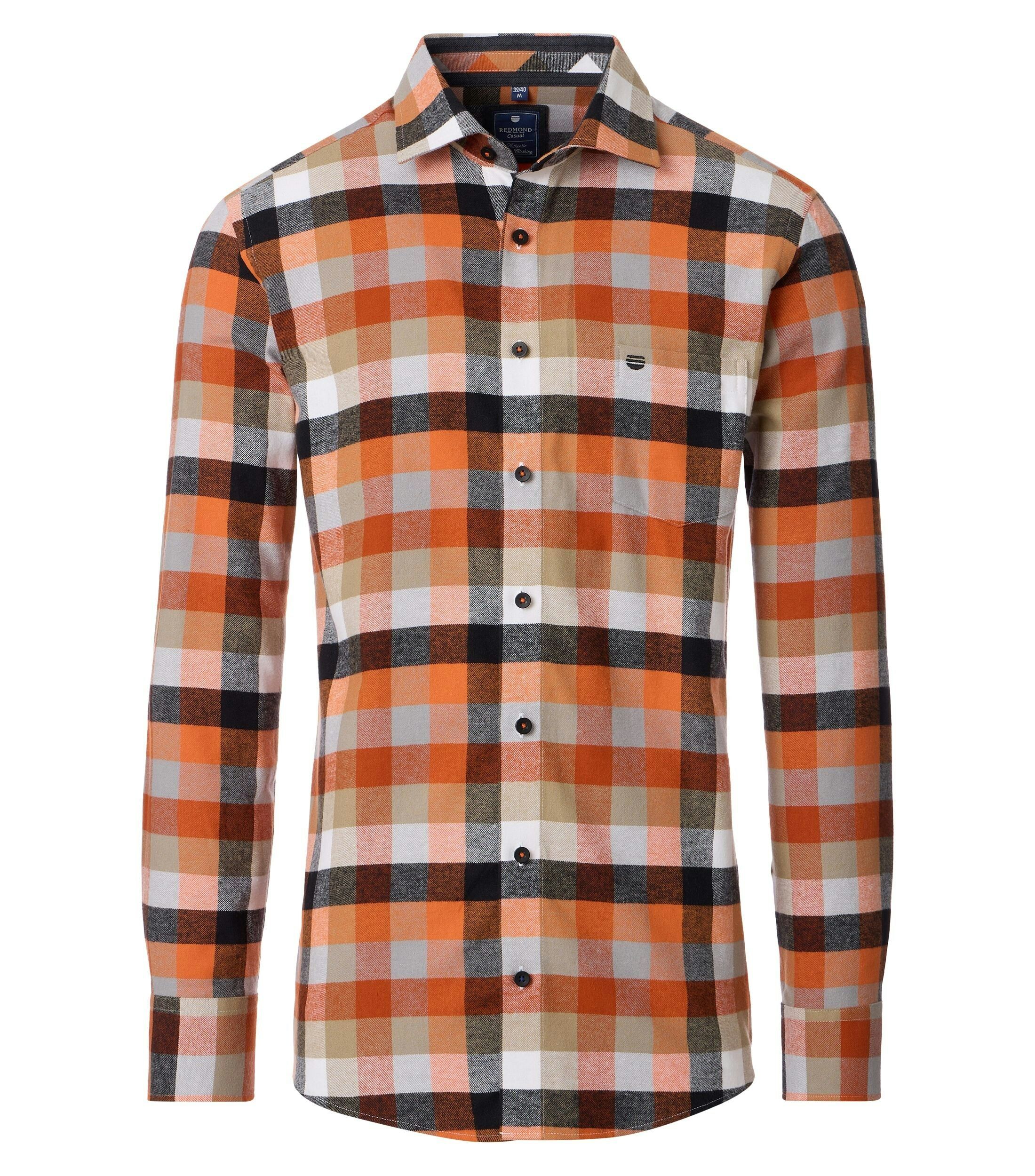 Redmond comfort fit overhemd, flanel, oranje, zwart, wit en beige geruit