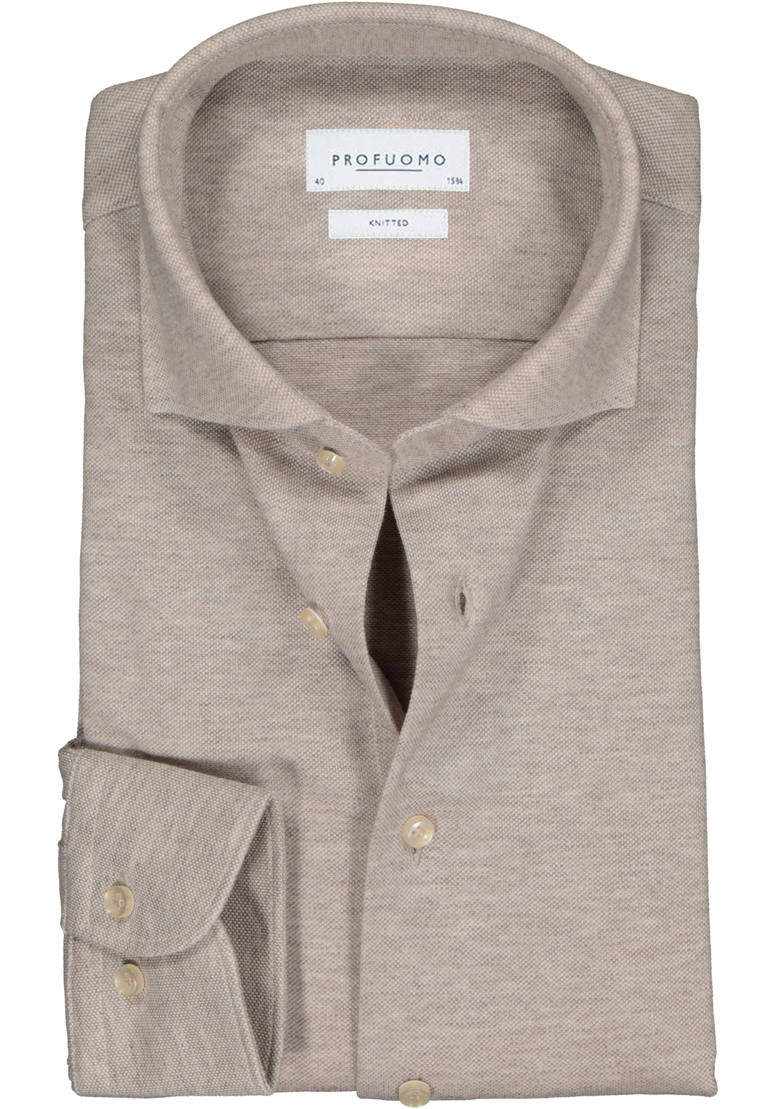 1-8719064201736-profuomo-overhemd_HR Profuomo slim fit jersey overhemd, knitted shirt pique, beige melange