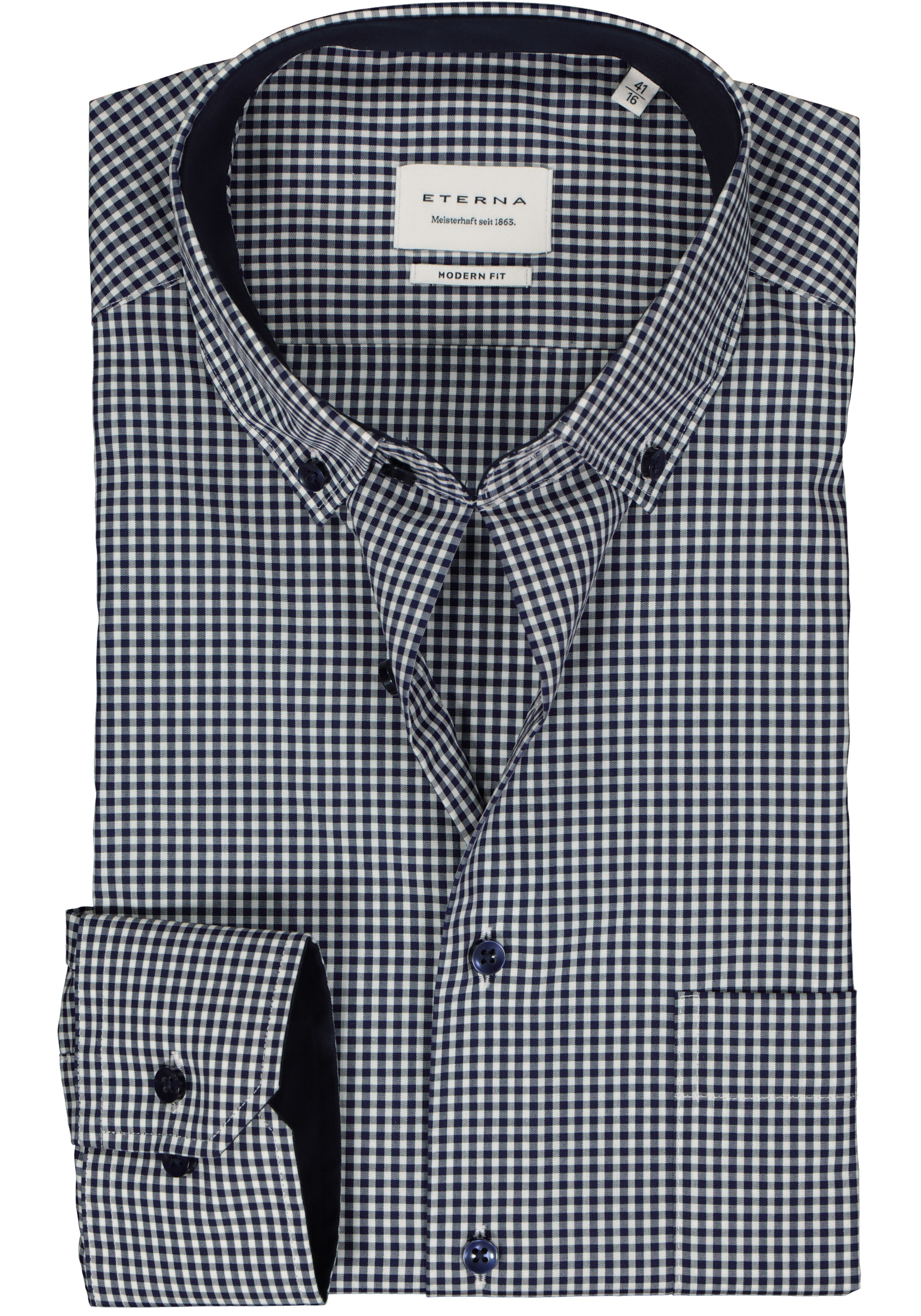 ETERNA modern fit overhemd mouwlengte 7, popeline, middenblauw met wit geruit (contrast)