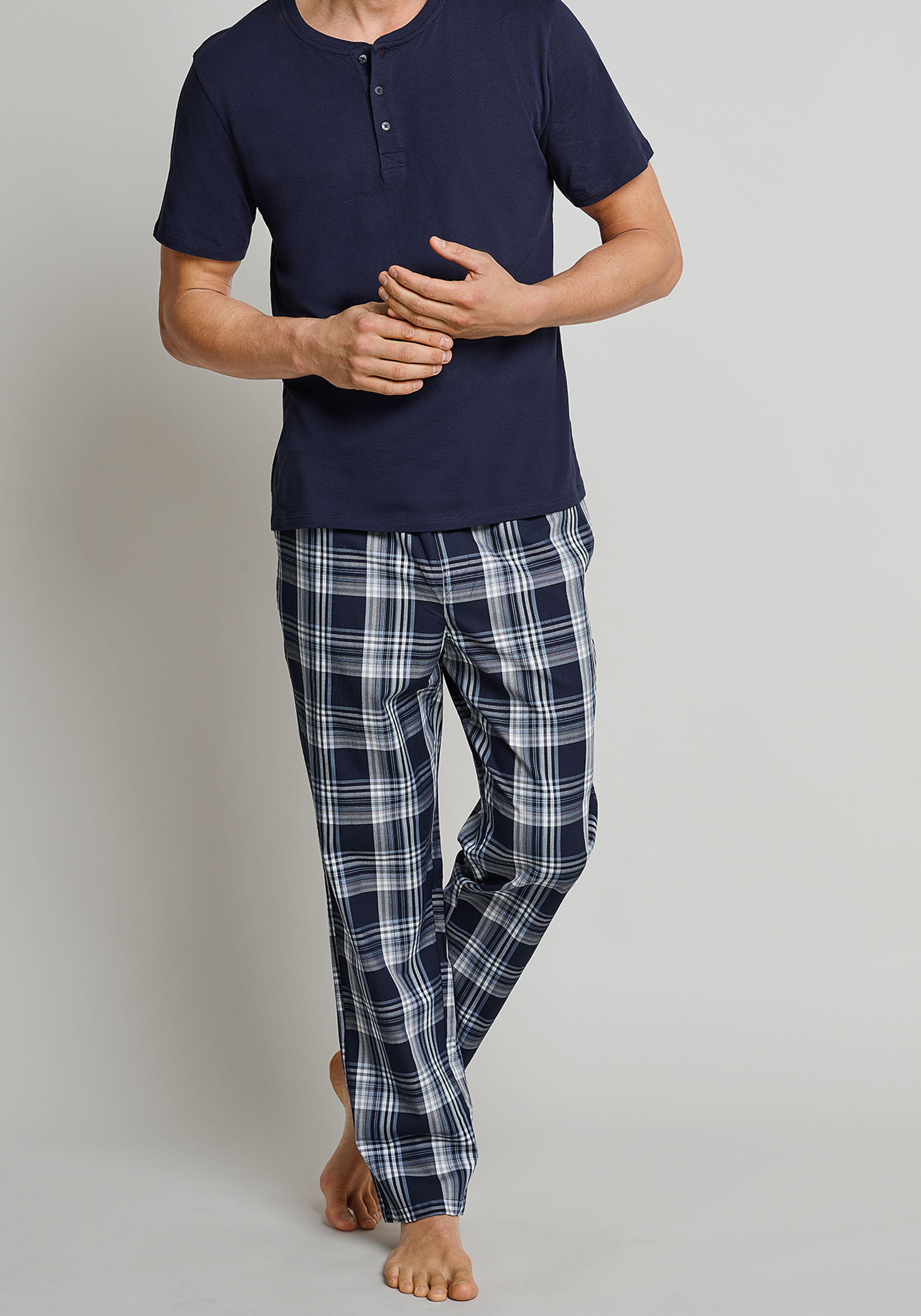 SCHIESSER Mix+Relax lounge broek, lange pijpen, dun niet elastisch, blauw geruit