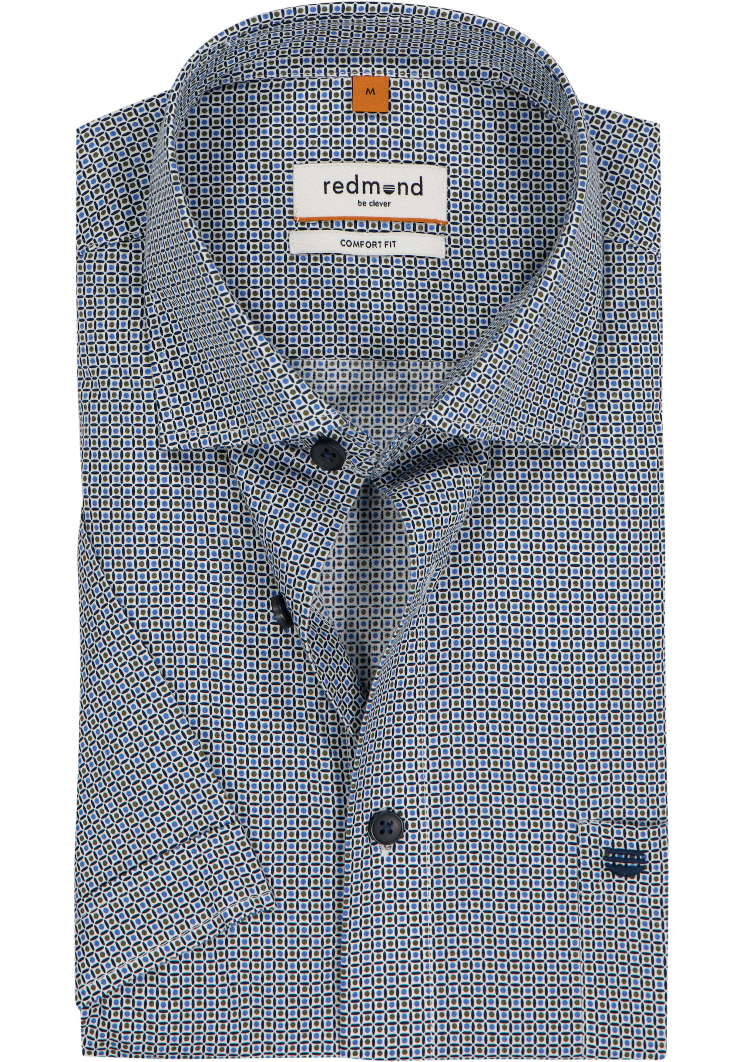 Redmond comfort fit overhemd, korte mouw, popeline, blauw met bruin en wit dessin