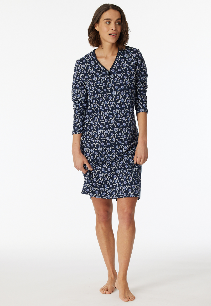 SCHIESSER Comfort Nightwear nachthemd, dames nachthemd lange mouwen biologisch katoen knoopsluiting bloemenprint nachtblauw