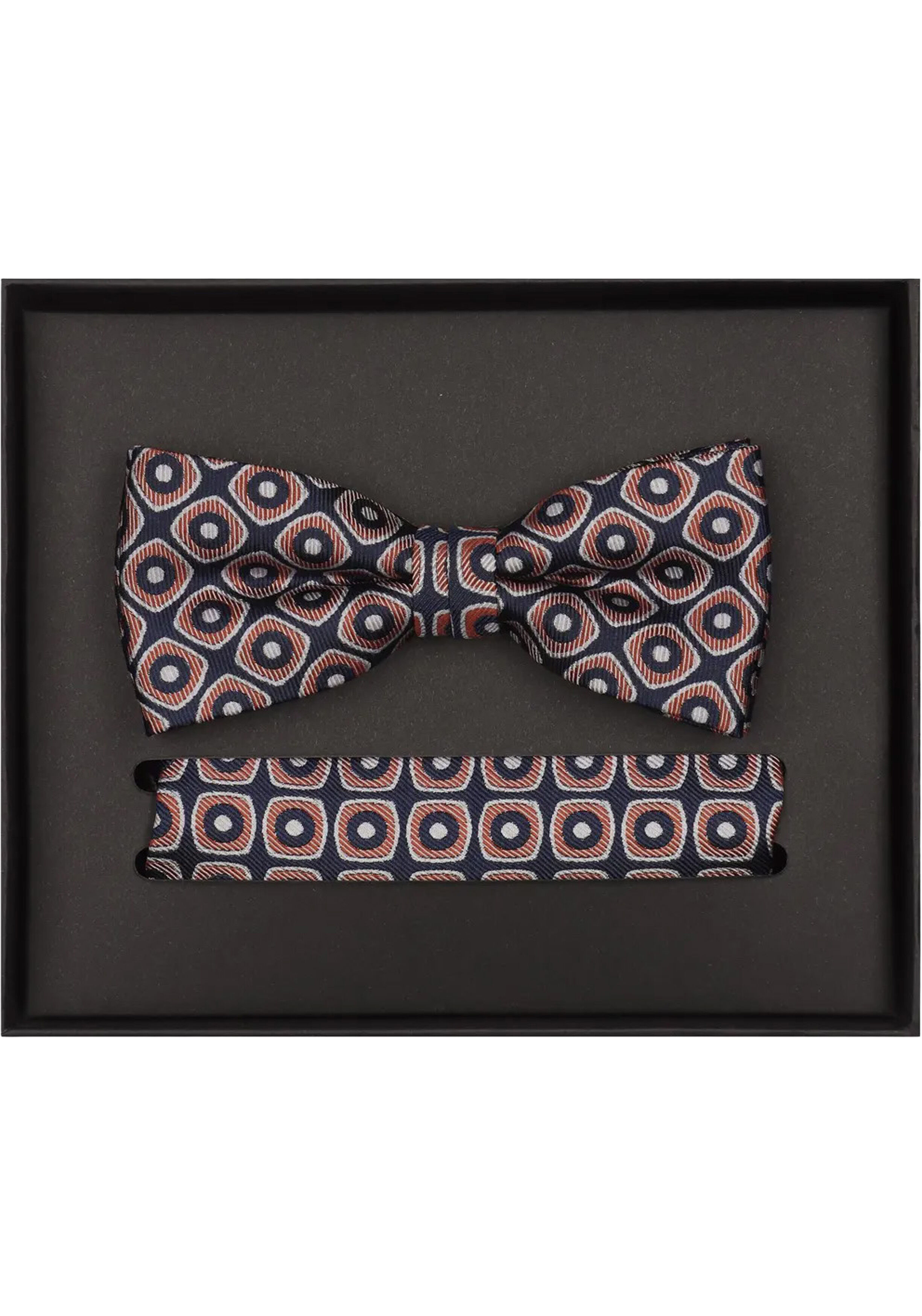 VENTI set met vlinderdas en pochet, donkerblauw, oranje, wit dessin