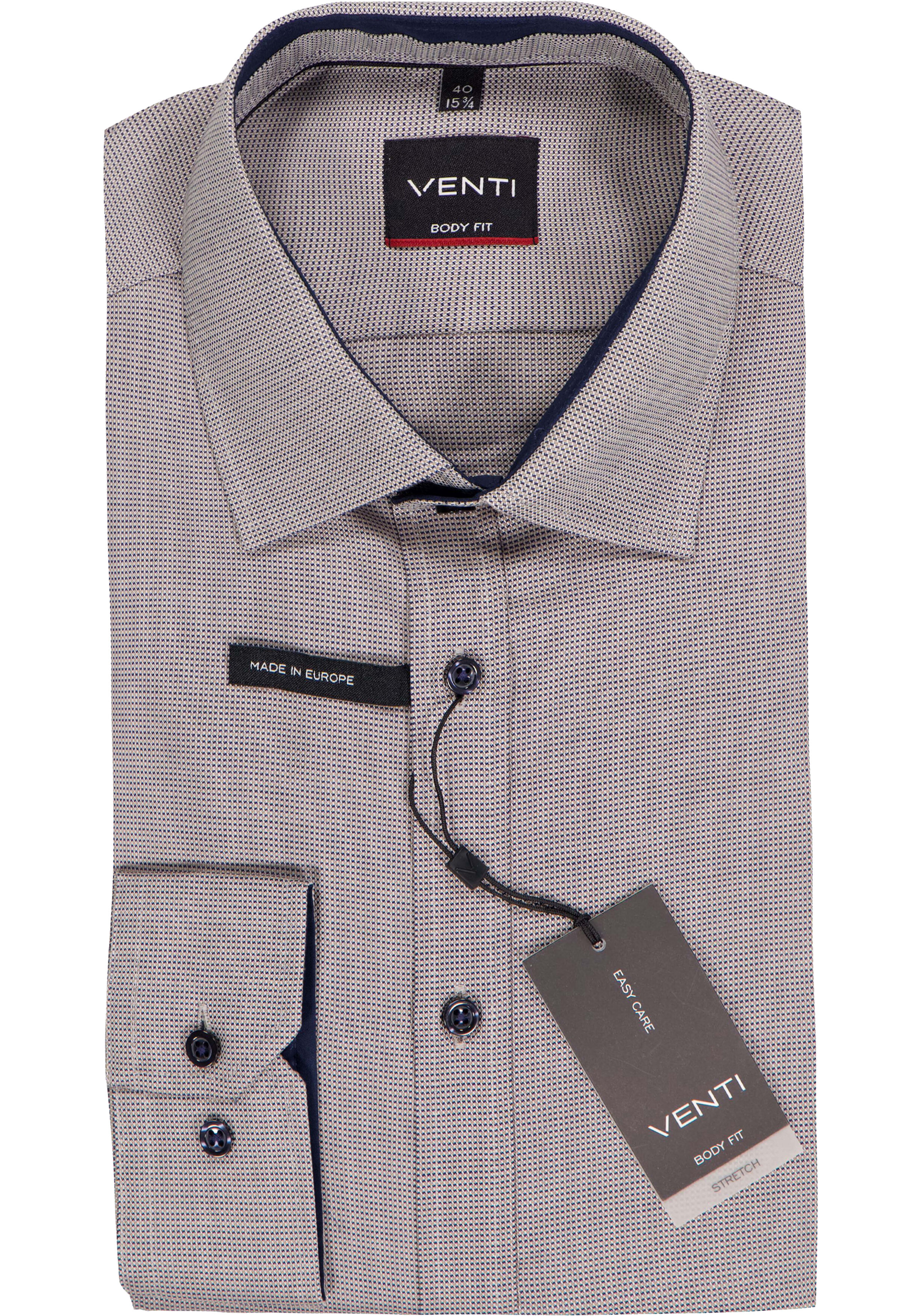 VENTI body fit overhemd, donkerblauw met wit en beige structuur (contrast)
