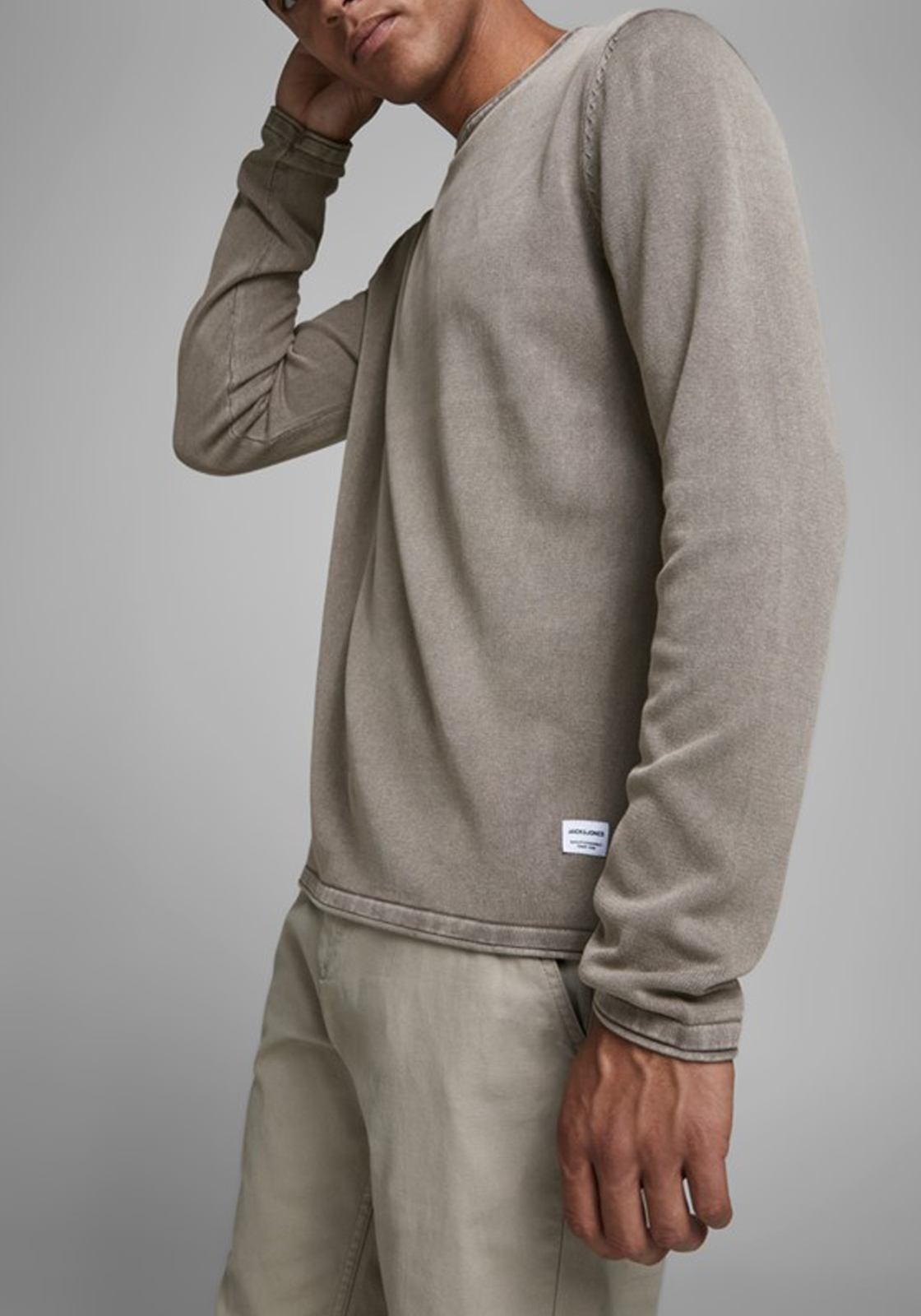 3-5714909534775-jackjones-trui_HR JACK & JONES slim fit trui katoen, O-hals, verwassen beige
