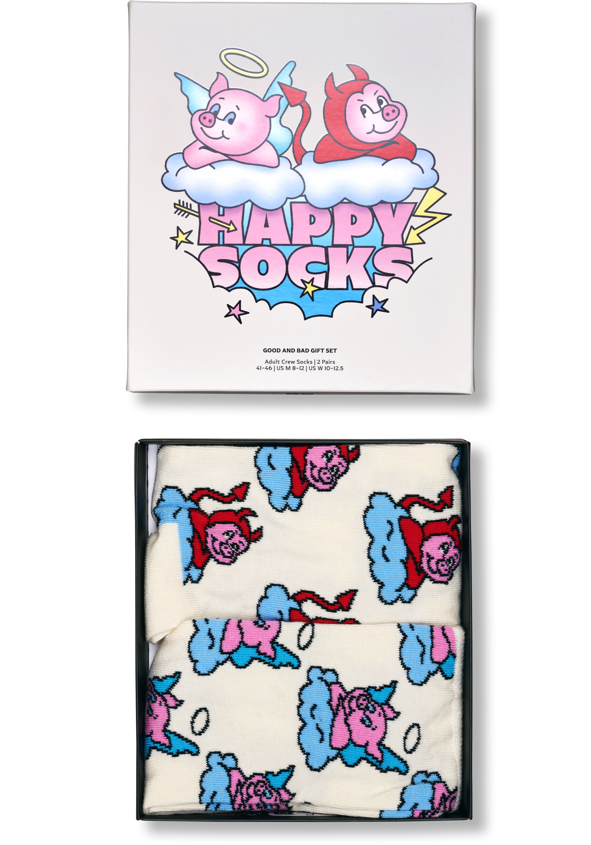 Happy Socks Good Bad Pig Socks Gift Set (2-pack), unisex sokken in cadeauverpakking, wit