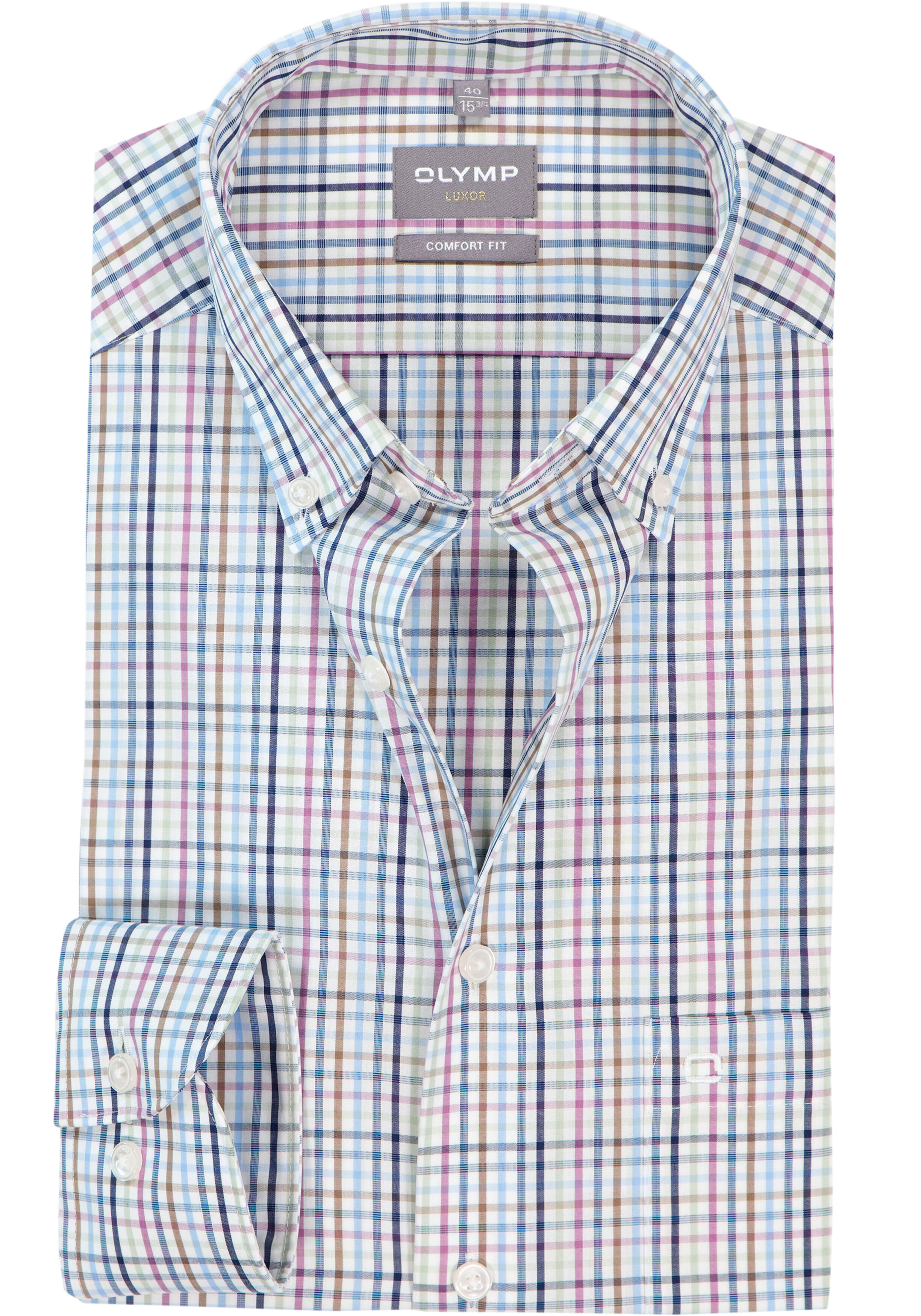 OLYMP Luxor comfort fit overhemd, popeline, wit met blauw en bruin geruit