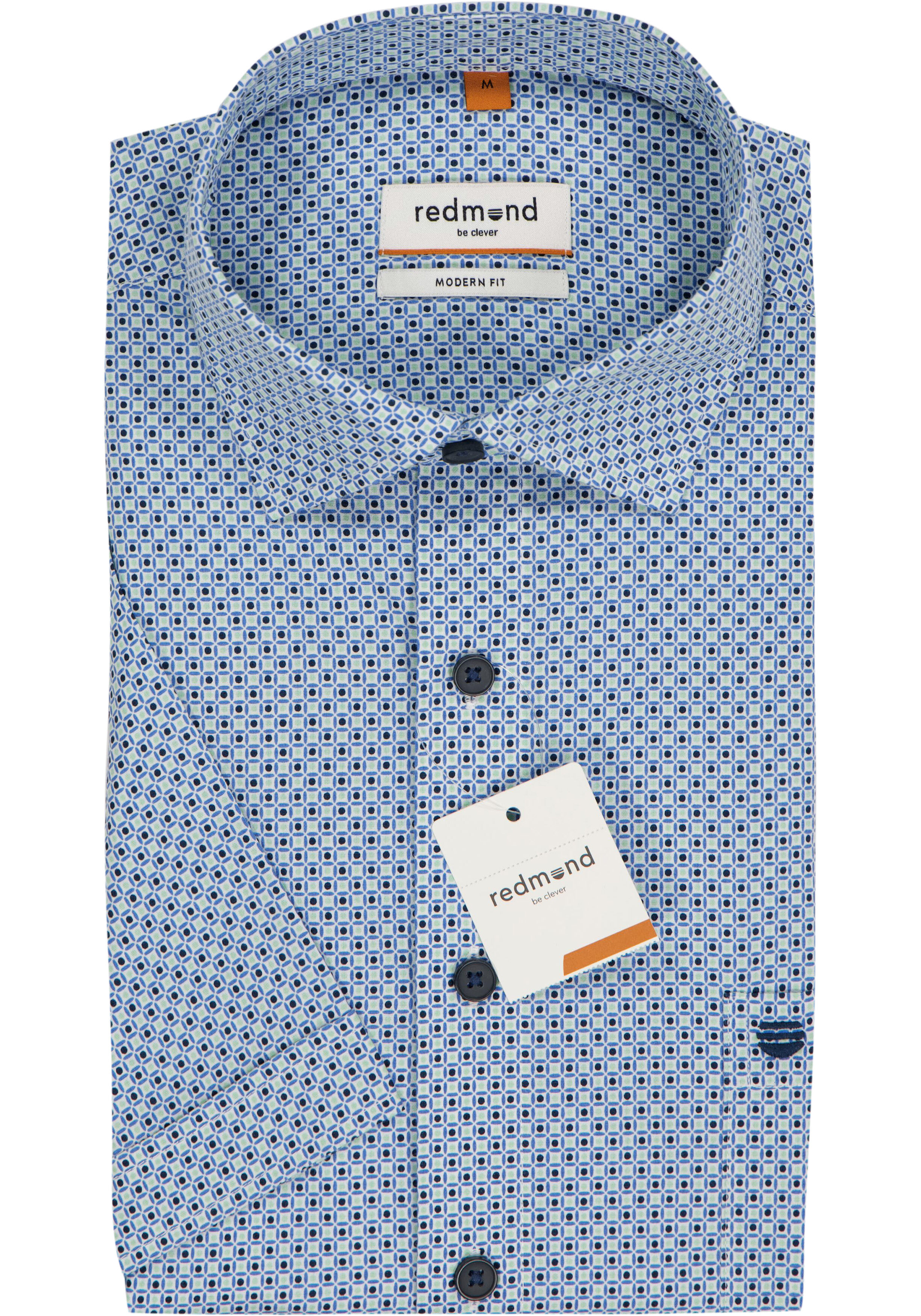 Redmond modern fit overhemd, korte mouw, popeline, blauw met wit en groen dessin