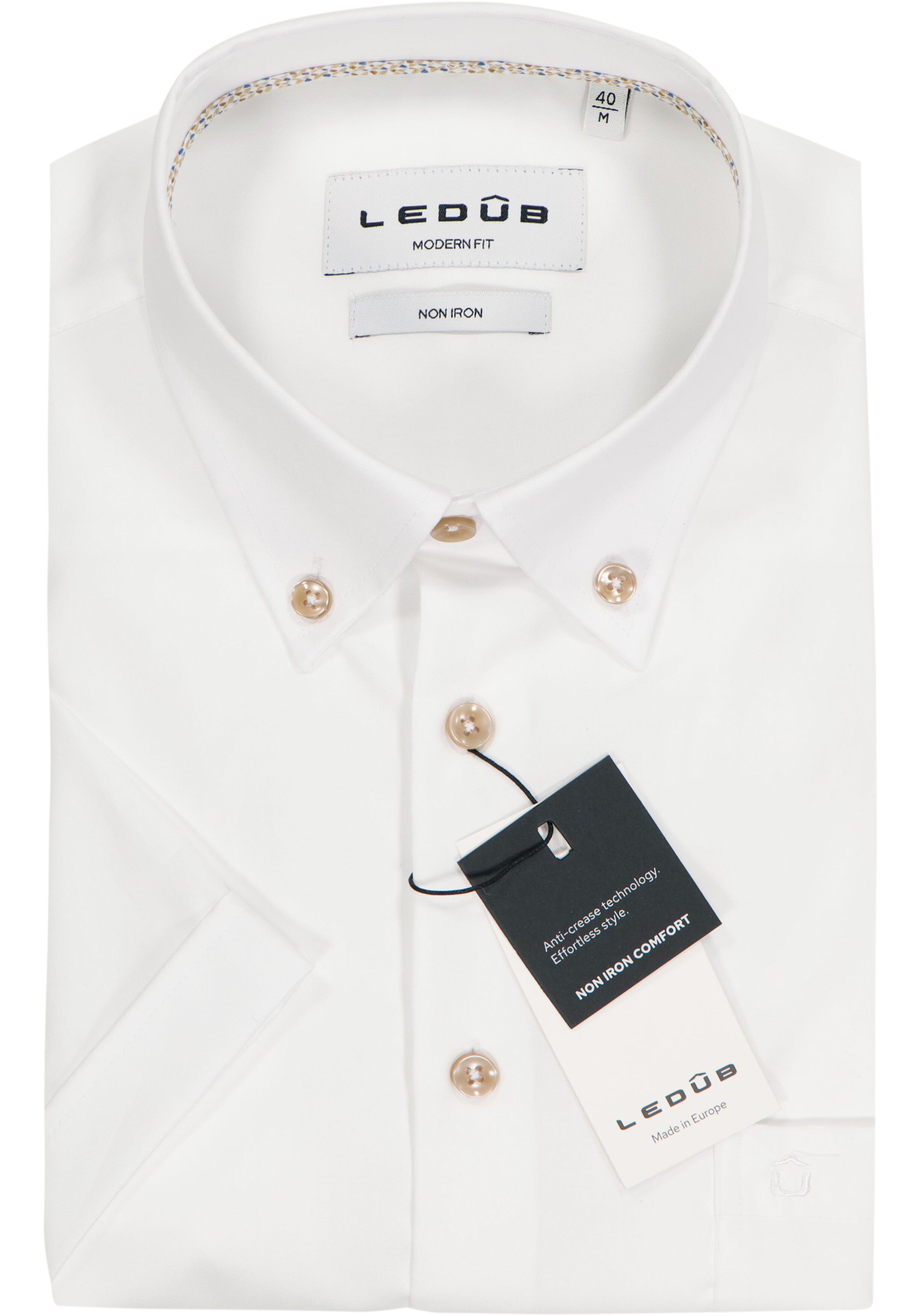 Ledub modern fit overhemd, korte mouw, popeline, wit