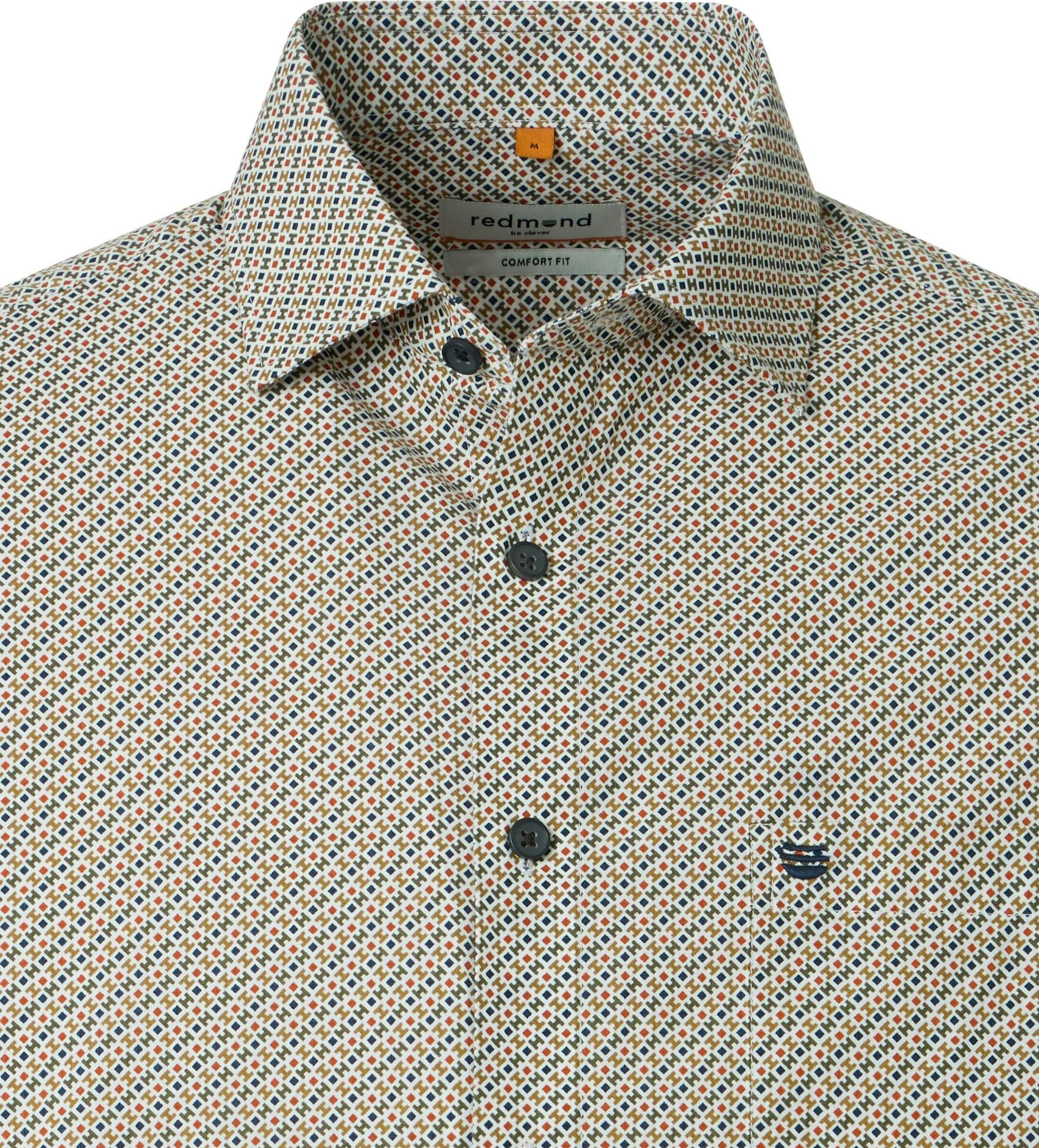 Redmond comfort fit overhemd, popeline, wit, blauw, oranje dessin