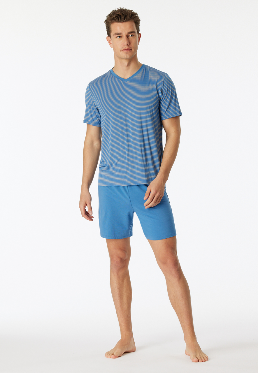 SCHIESSER Long Life Soft pyjamaset, heren pyjama short modal V-hals strepen oceaanblauw