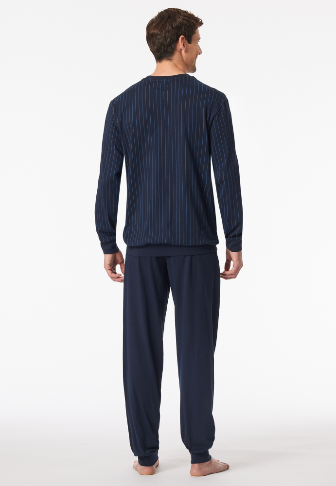 SCHIESSER Cotton Essentials Pyjama lang, heren pyjama set, donkerblauw gestreept
