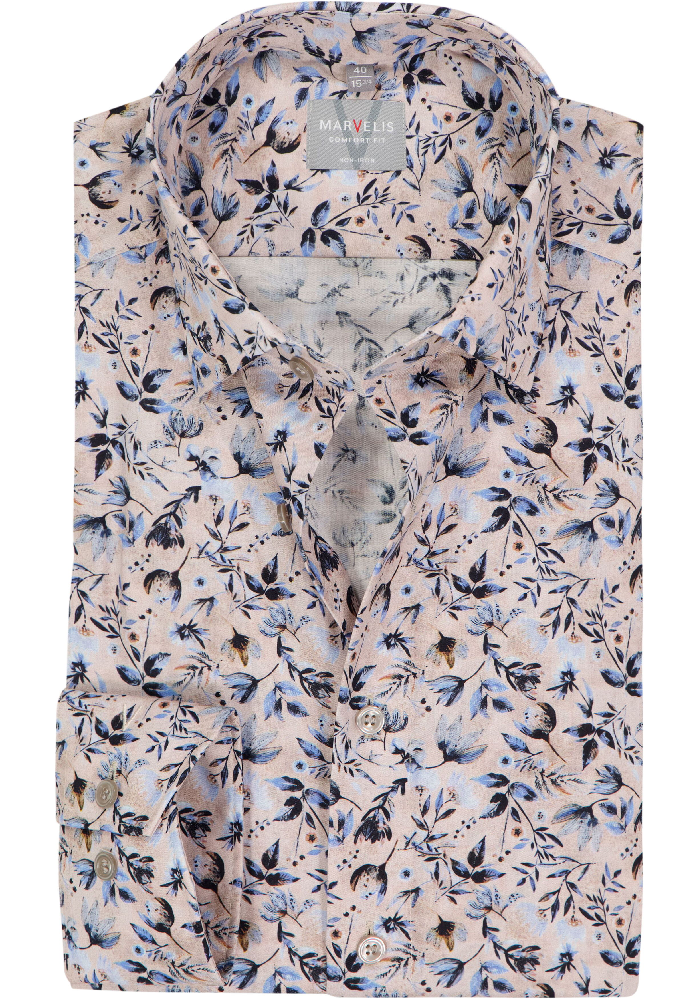 MARVELIS comfort fit overhemd, popeline, beige met blauw en bruin bloemen dessin