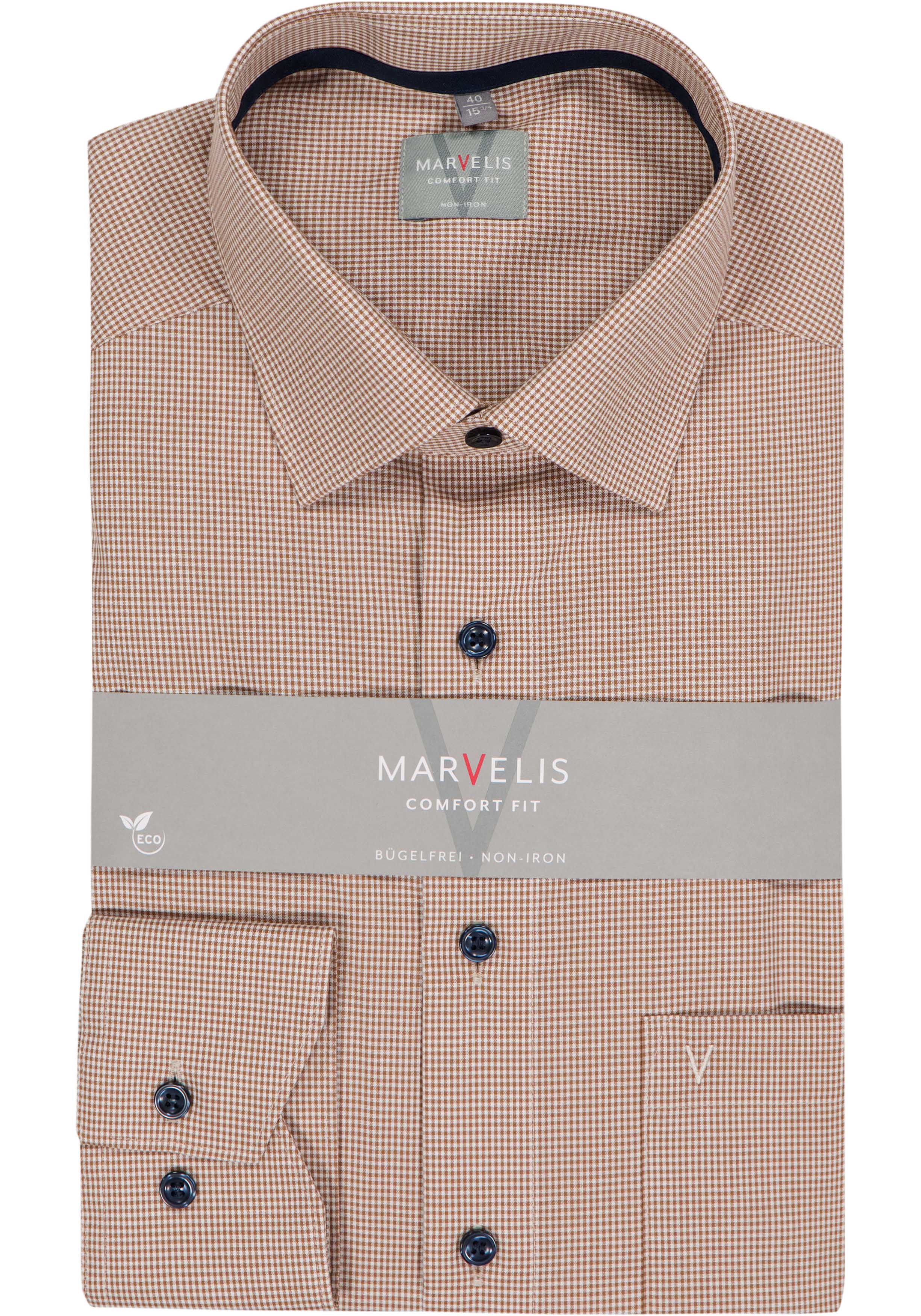 MARVELIS comfort fit overhemd, popeline, lichtbruin met wit geruit