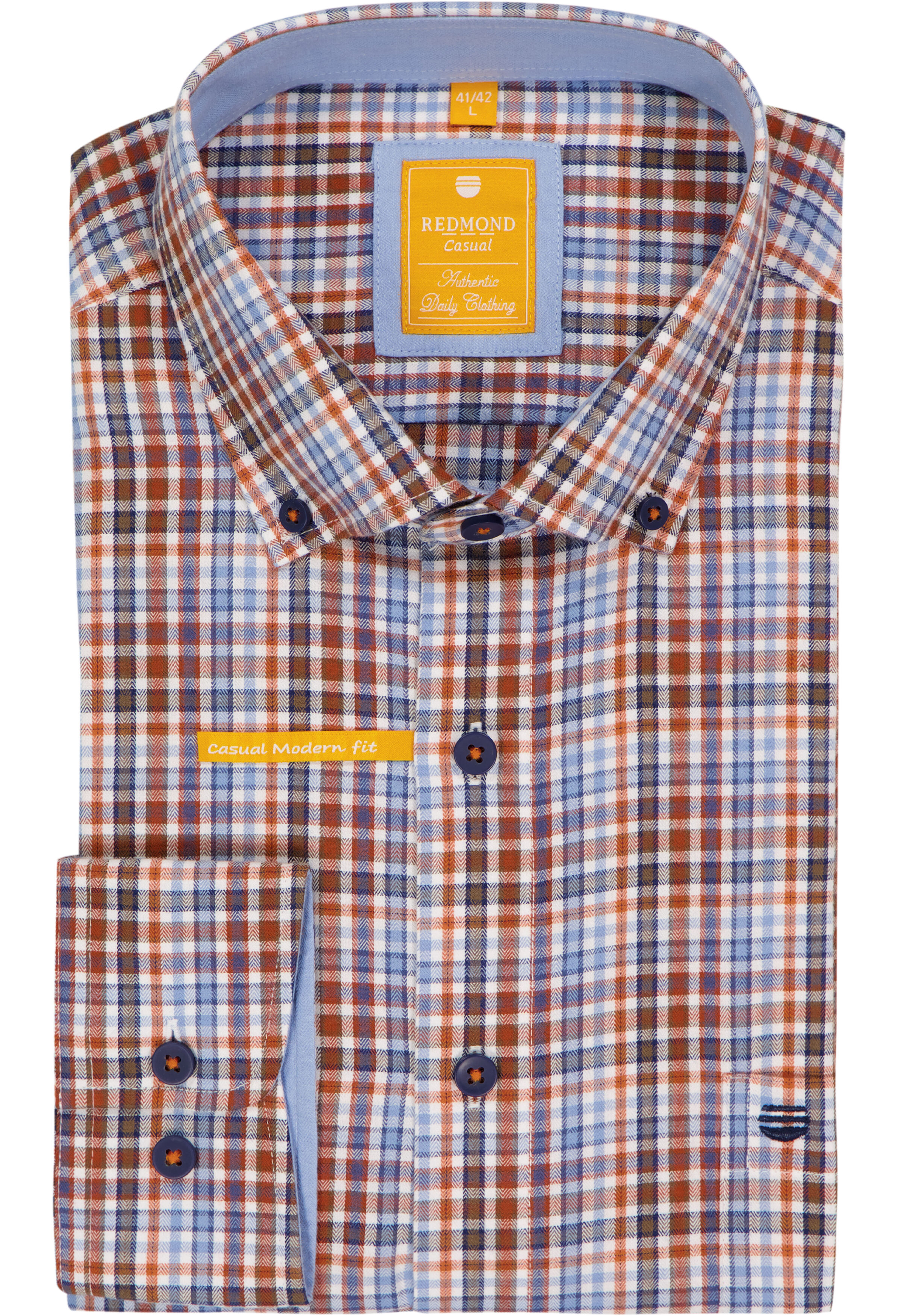 Redmond modern fit overhemd, twill, bruin, blauw, oranje en wit geruit