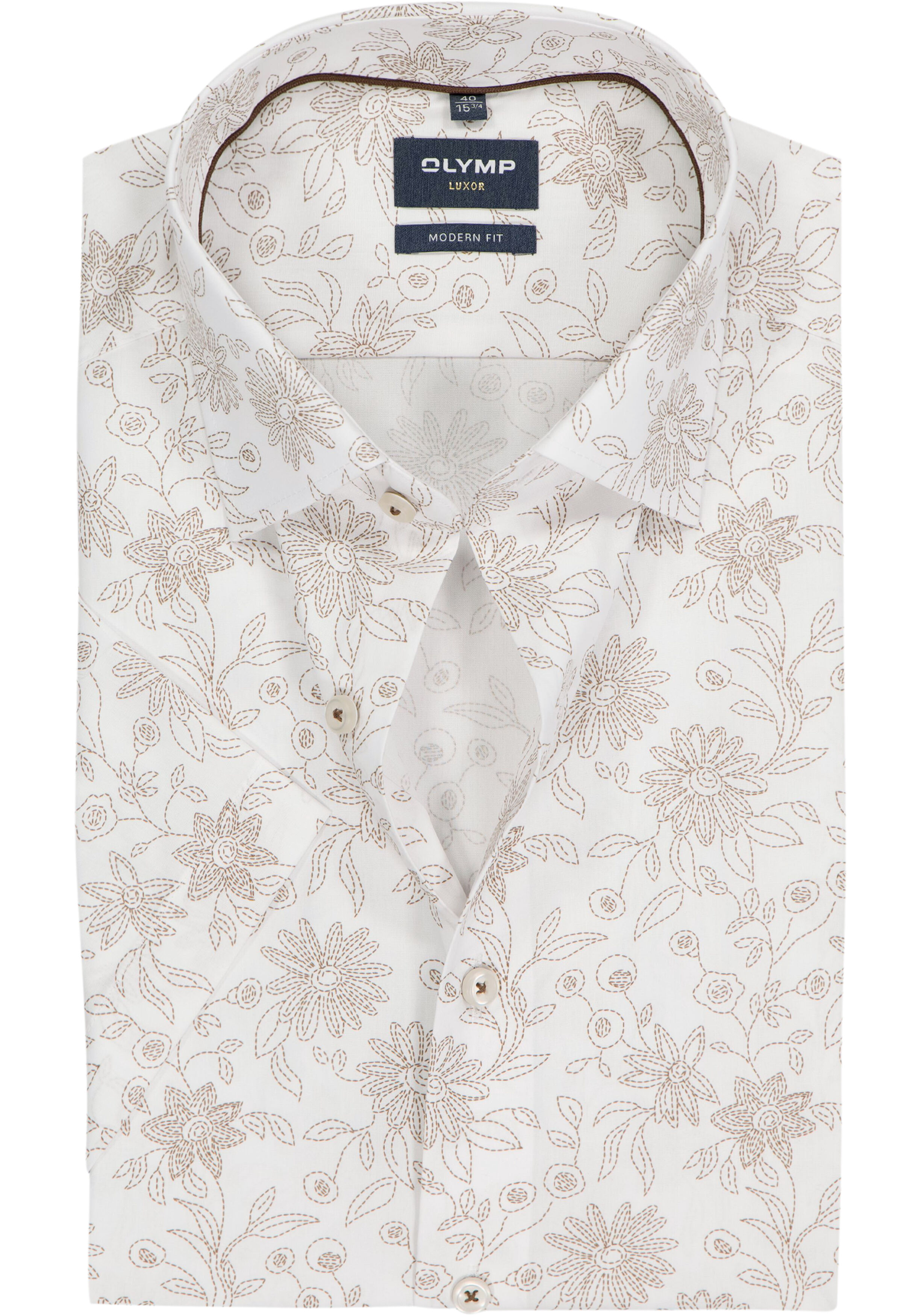 OLYMP Luxor modern fit overhemd, korte mouw, popeline, wit met beige bloemen dessin