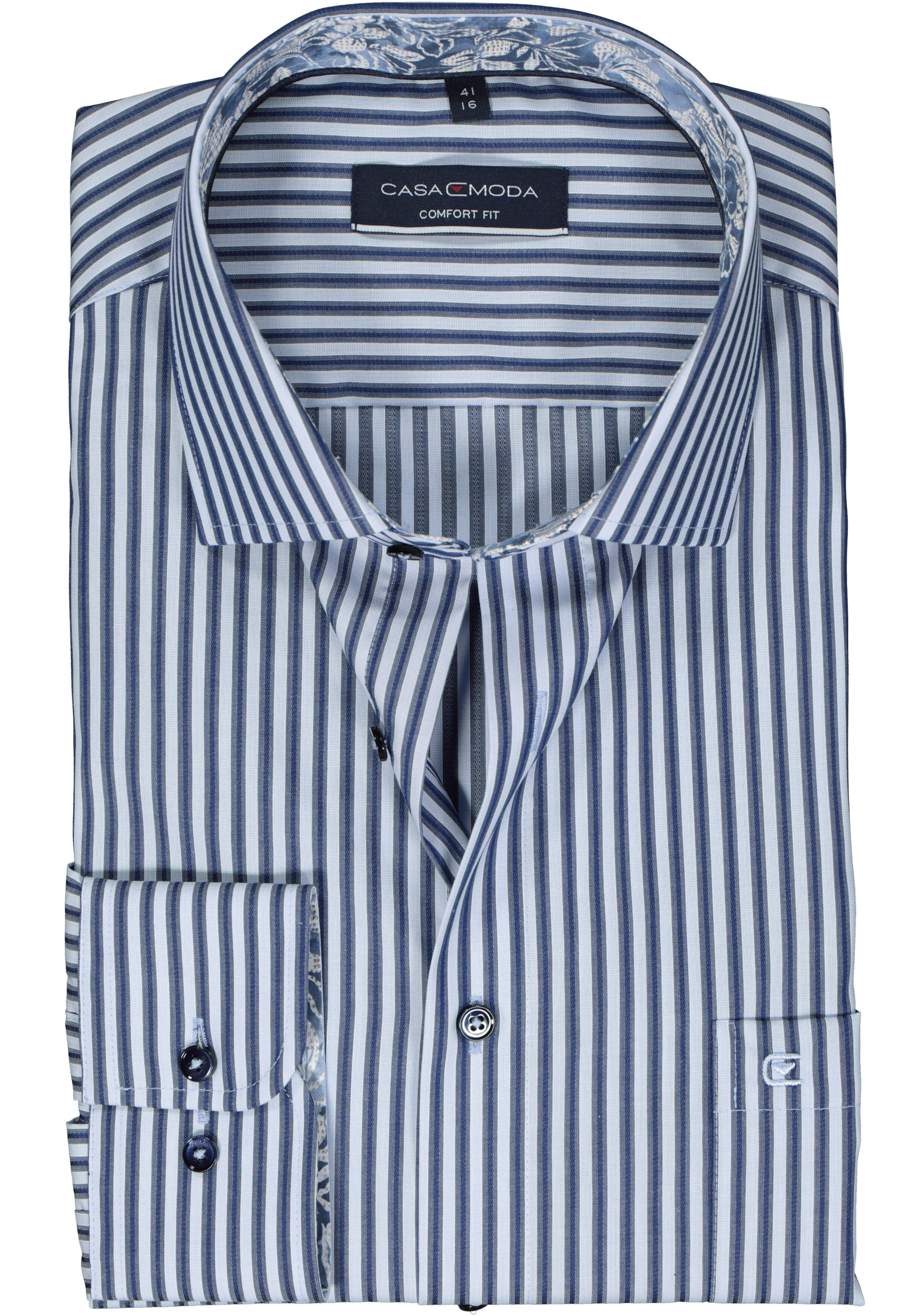 CASA MODA comfort fit overhemd, dobby, blauw met wit en grijs gestreept
