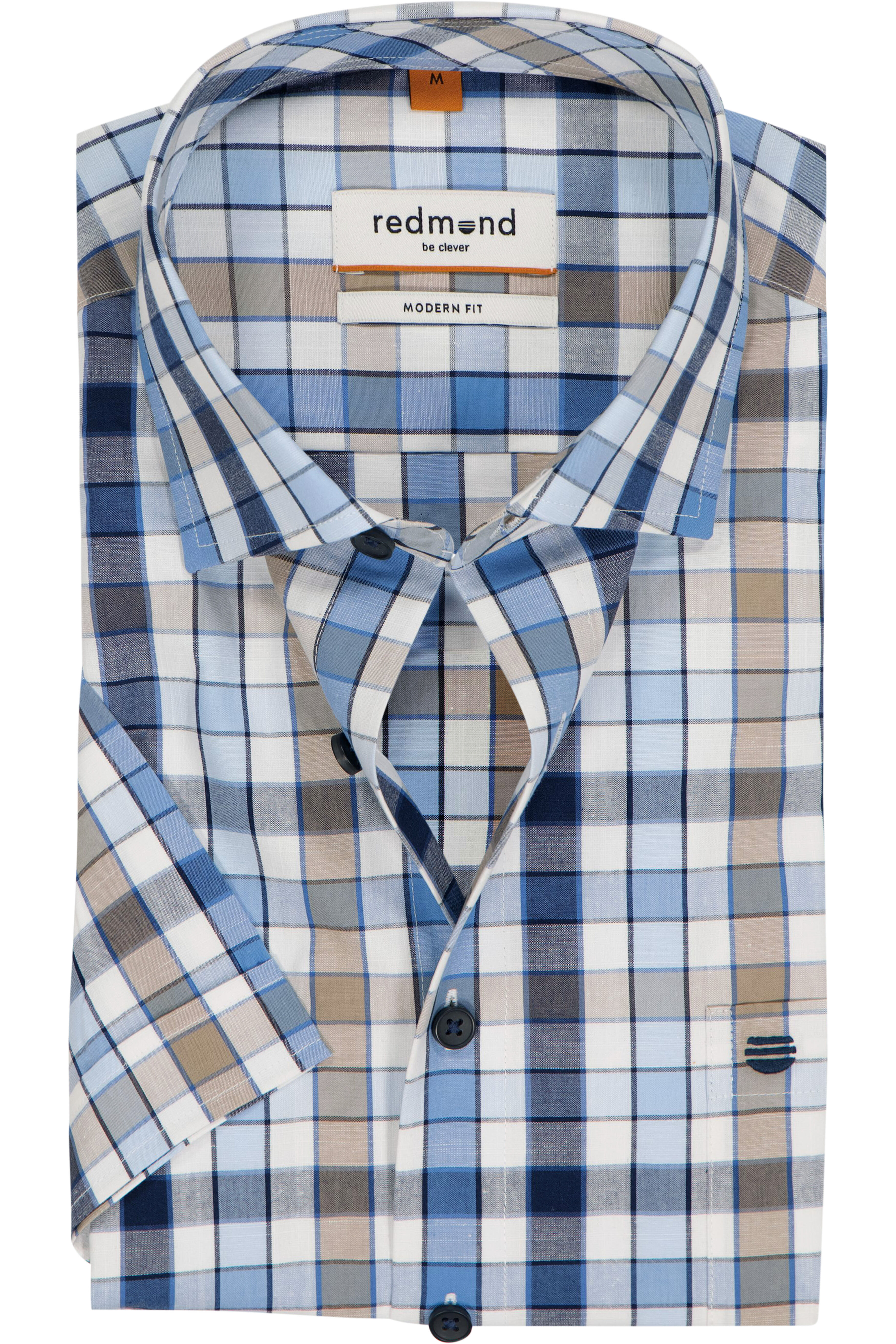 Redmond modern fit overhemd, korte mouw, chambray, blauw met wit en beige geruit