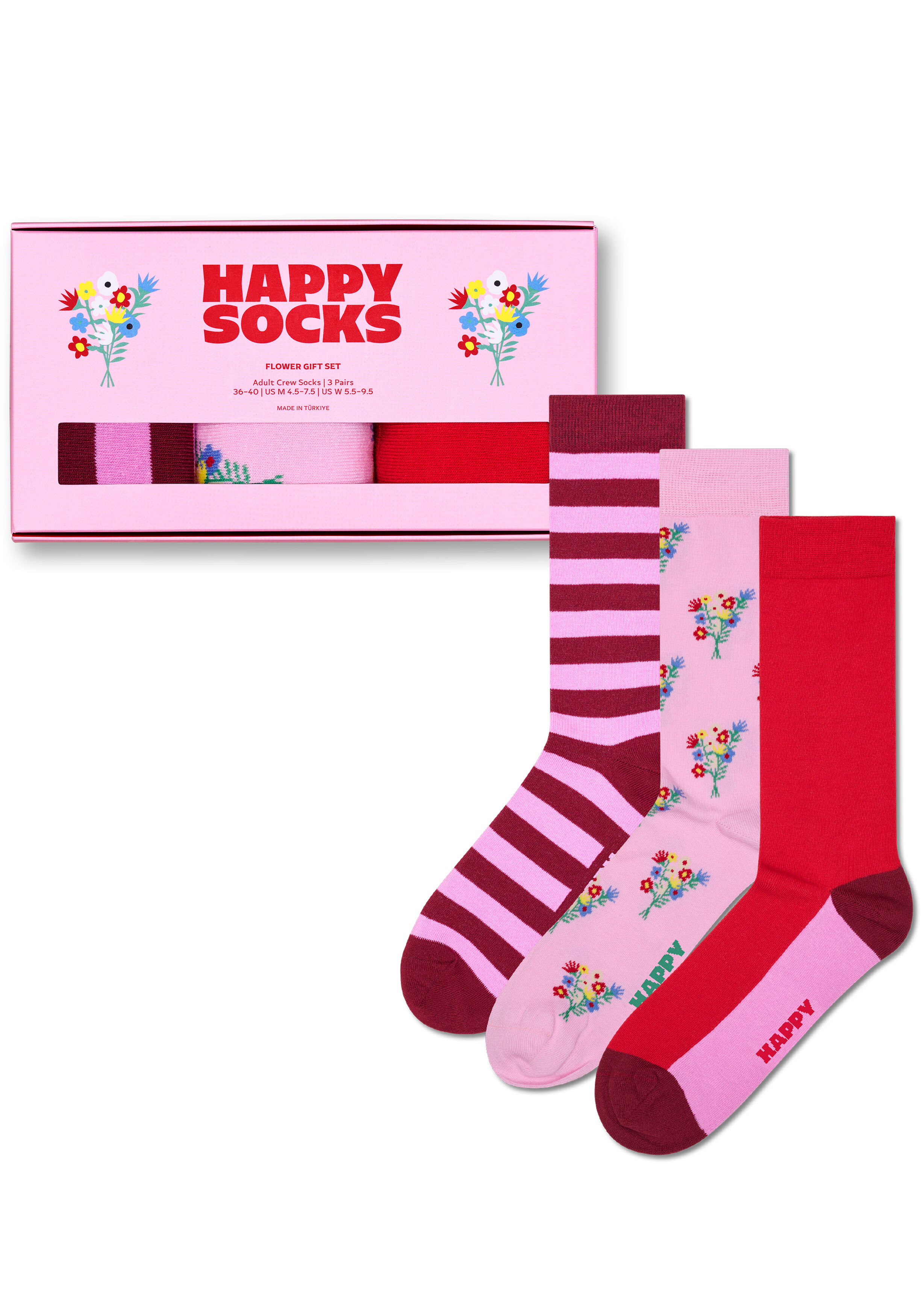 Happy Socks Everyday Flower Socks Gift Set (3-pack), unisex sokken in cadeauverpakking, roze
