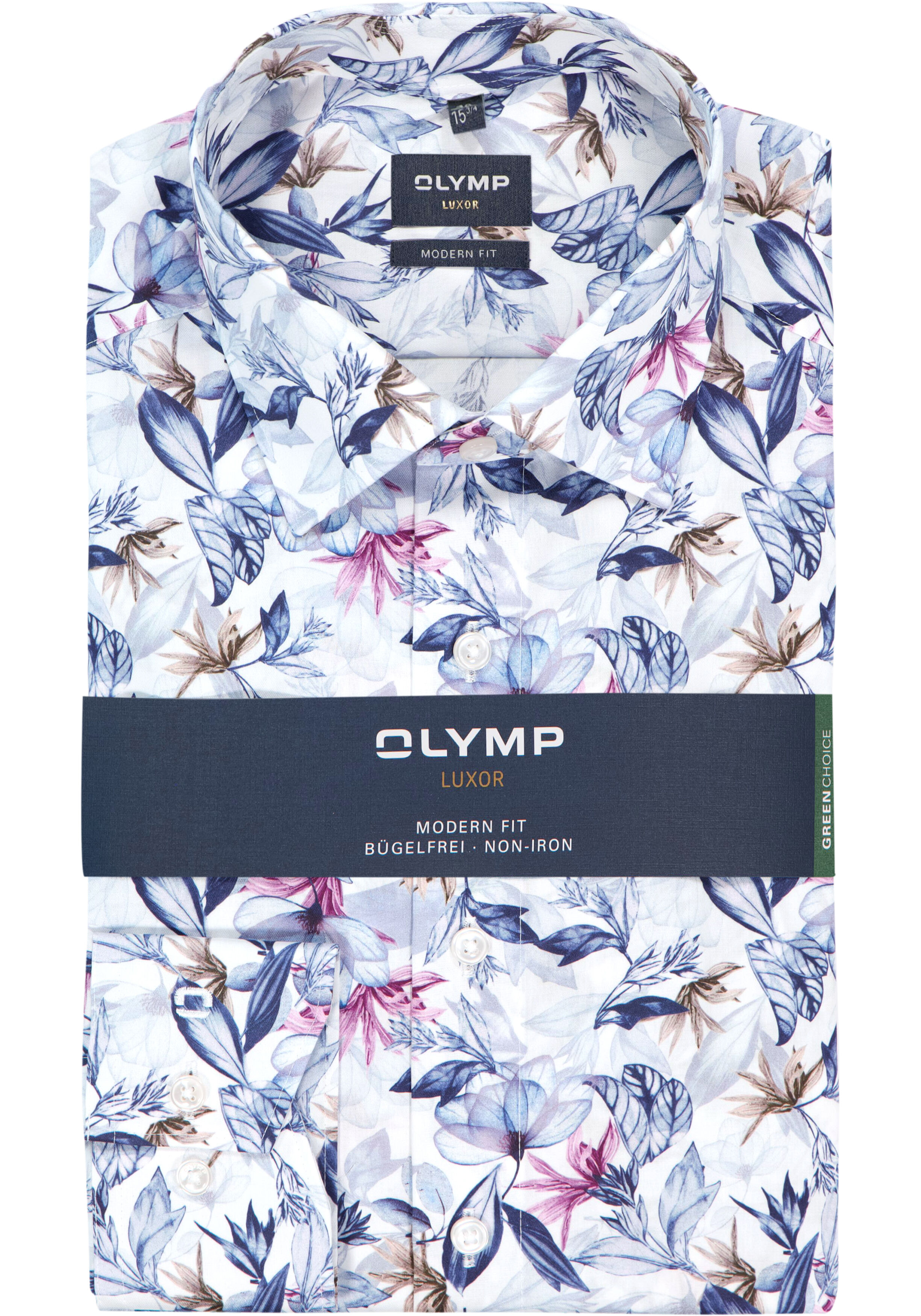 OLYMP Luxor modern fit overhemd, dobby, wit met blauw en roze bloemen dessin