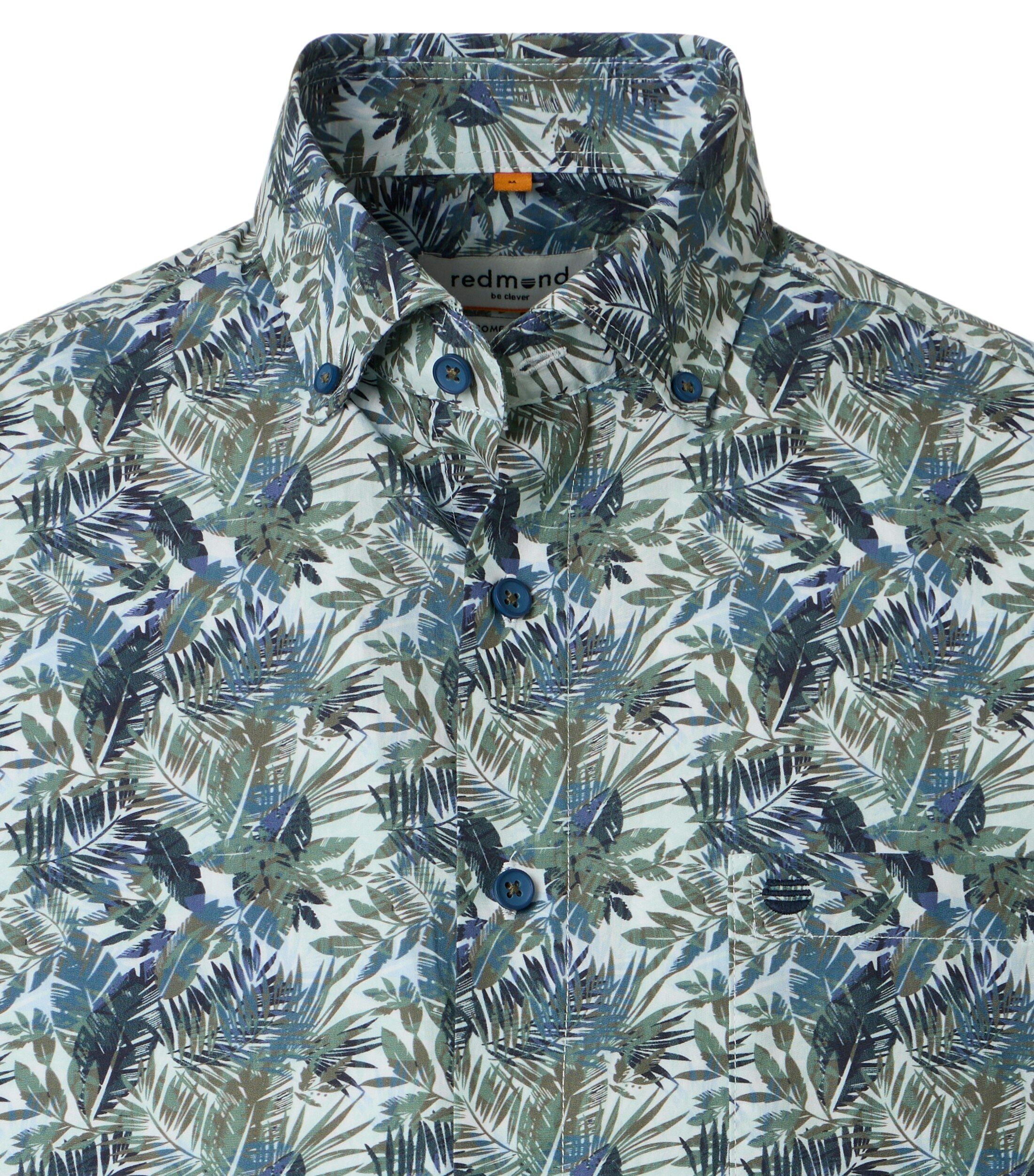 Redmond comfort fit overhemd, korte mouw, popeline, blauw met groen dessin