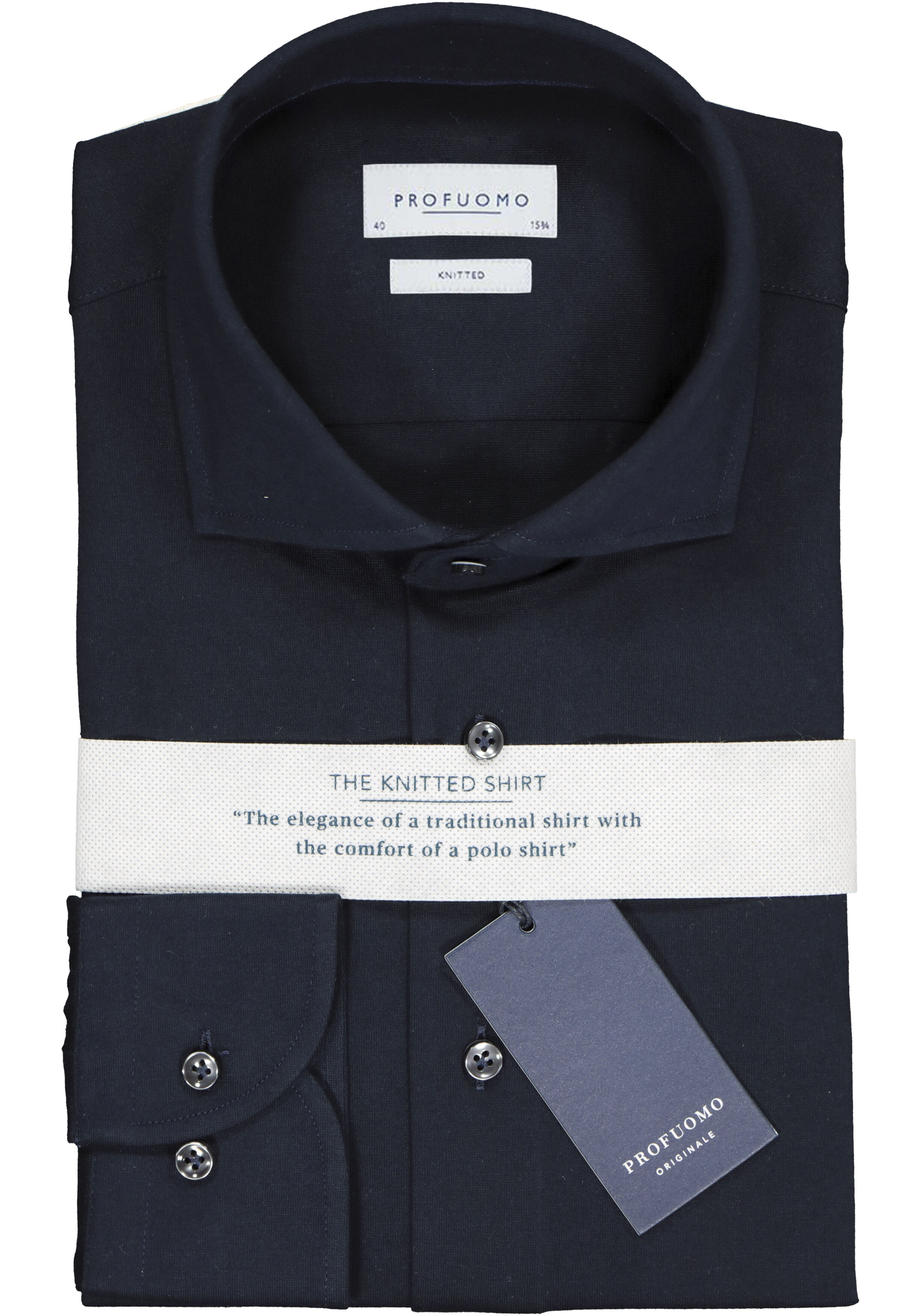 Profuomo Slim Fit jersey overhemd, navy melange knitted shirt 