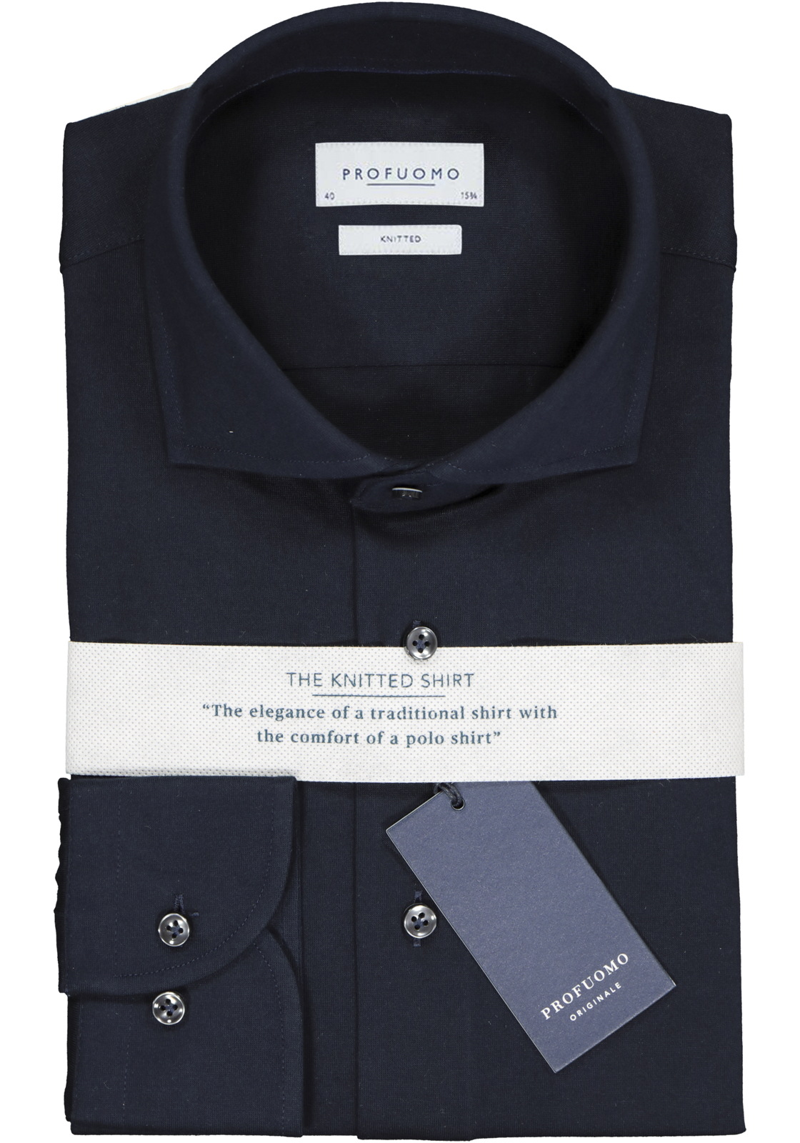 2-8719064576162-profuomo-overhemd_HR Profuomo Slim Fit jersey overhemd, navy melange knitted shirt