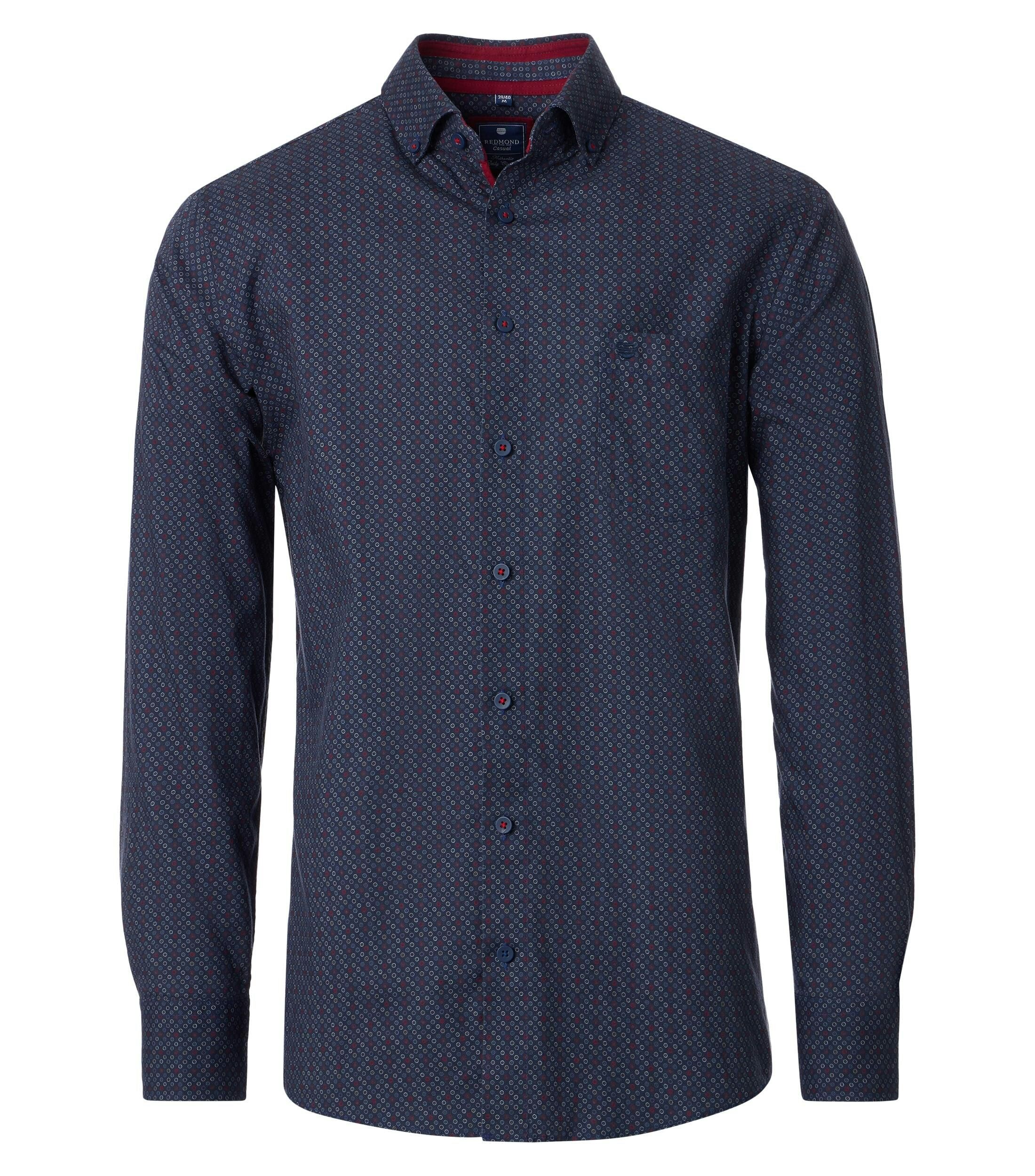 Redmond comfort fit overhemd, popeline, donkerblauw met rood, wit en lichtblauw dessin