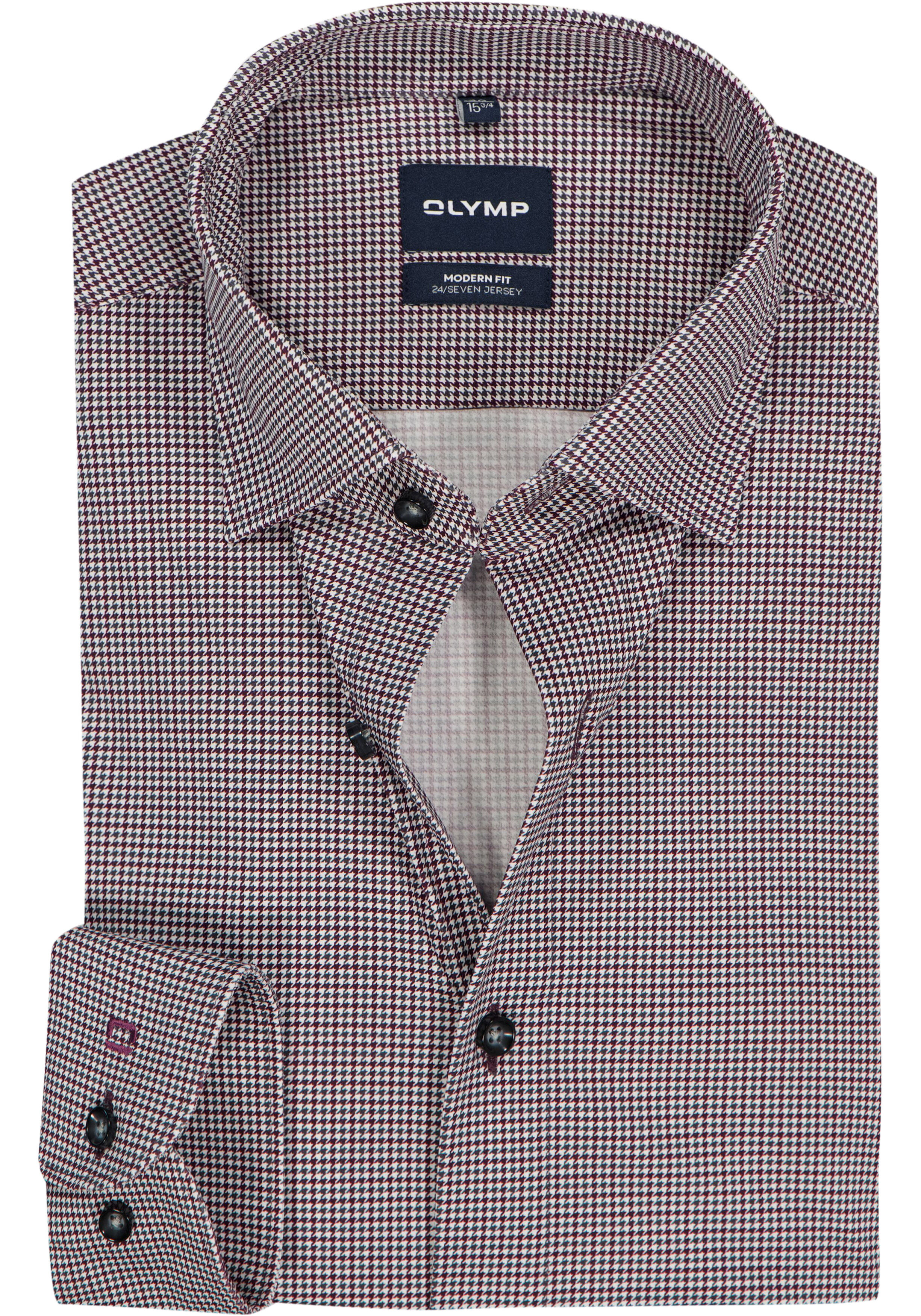 OLYMP 24/7 Luxor modern fit overhemd, tricot, wit met blauw en bordeaux rood dessin
