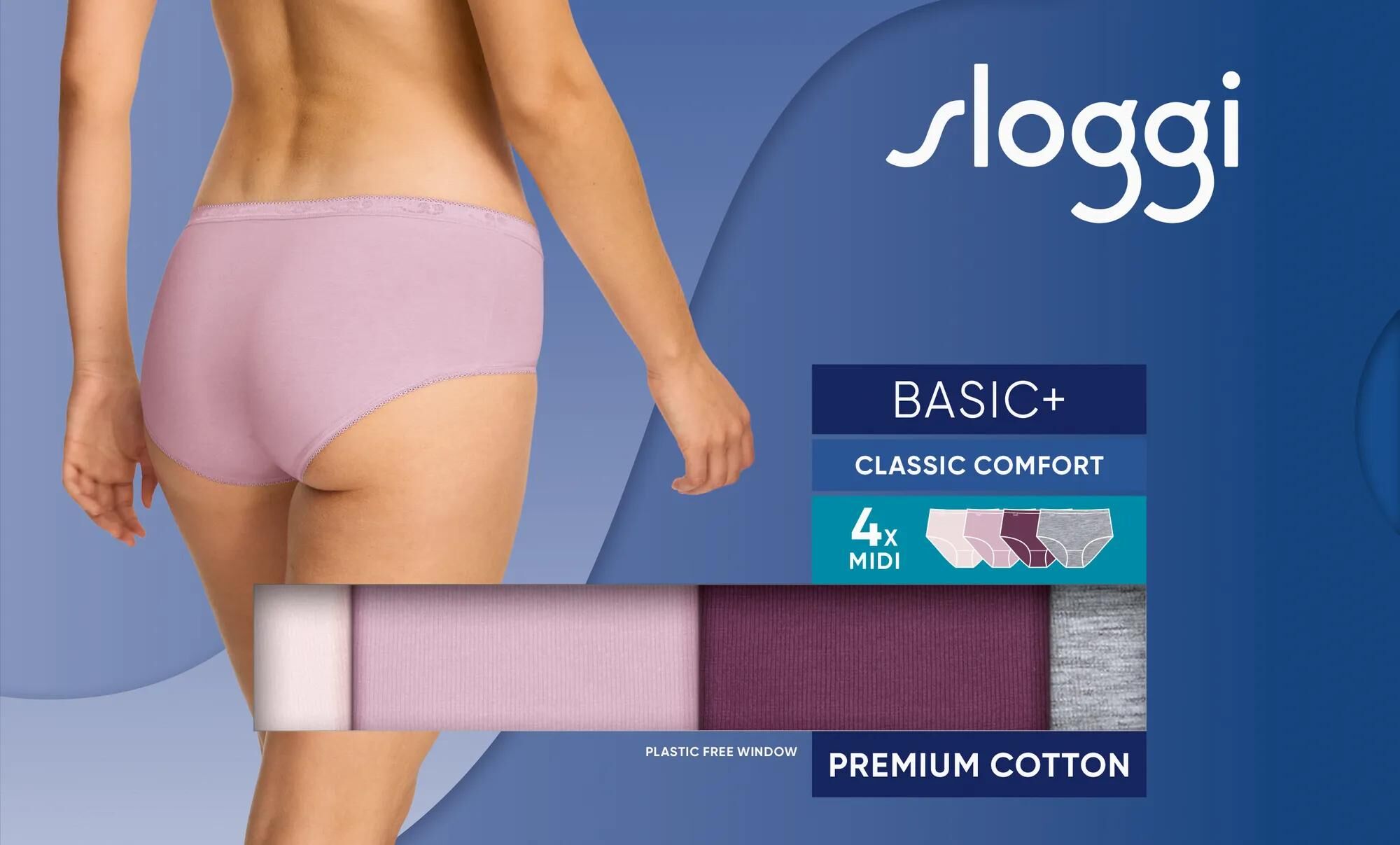 Sloggi Women Basic+ Midi (4-pack), dames slip, heel lichtroze, roze, aubergine en grijs