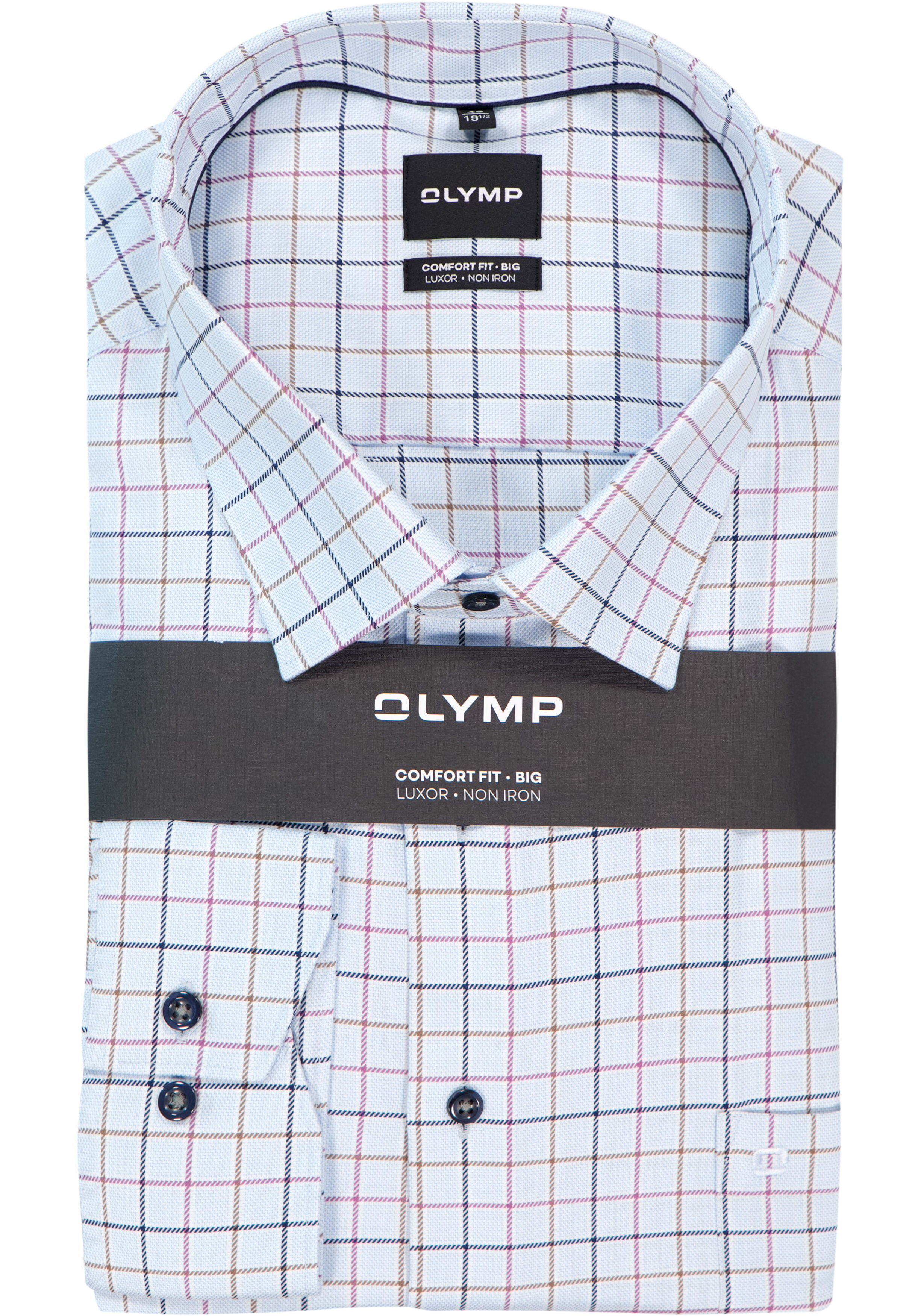 OLYMP Luxor comfort fit Big overhemd, popeline, lichtblauw met donkerblauw en bruin geruit