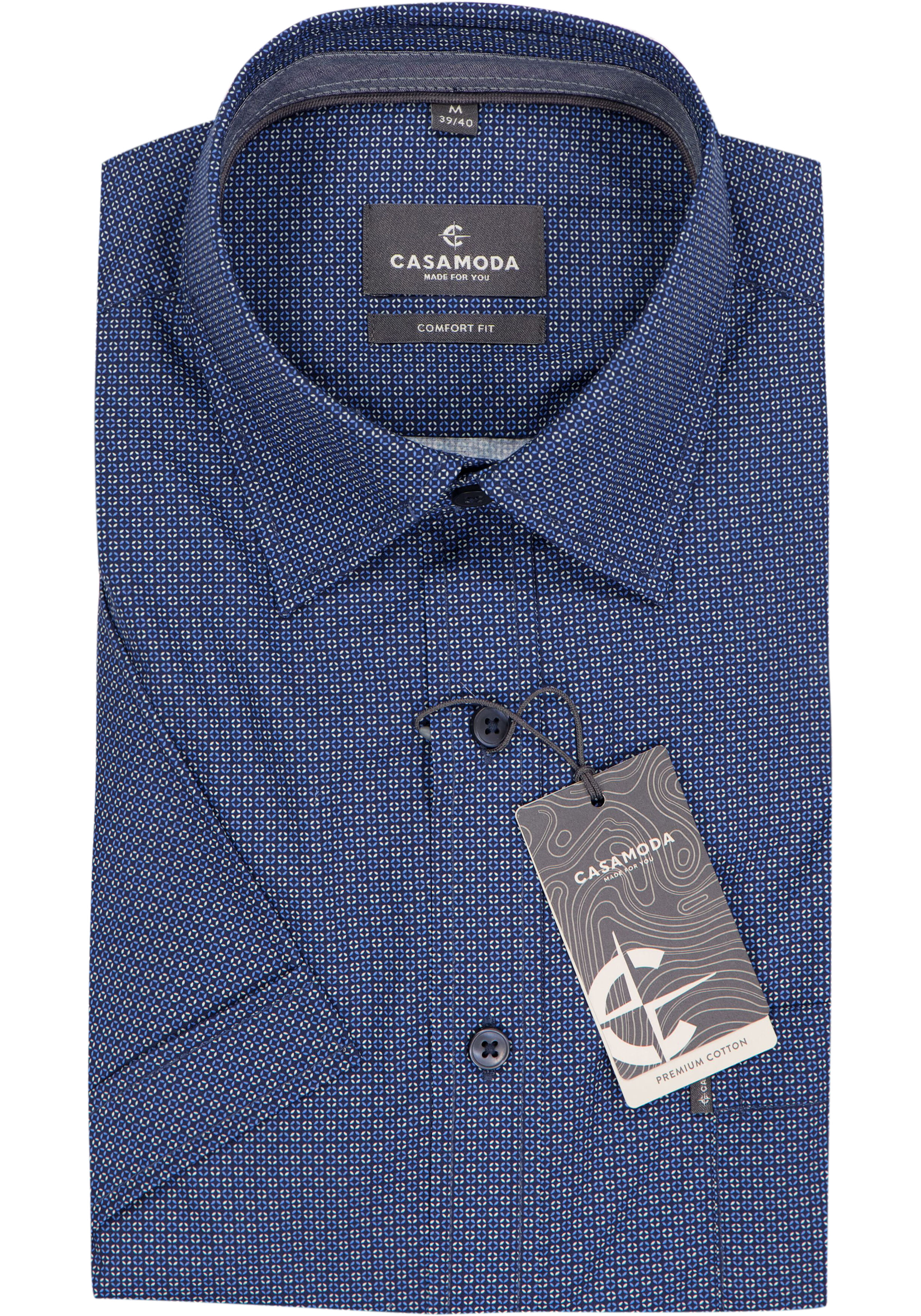 CASAMODA Sport comfort fit overhemd, korte mouw, popeline, donker- en lichtblauw met geel dessin