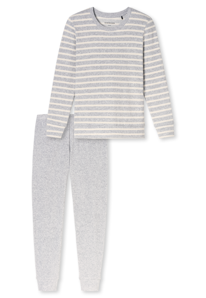 SCHIESSER dames Cotton Essentials Pyjama lang, dames pyjama set, zilvergrijs melange gestreept