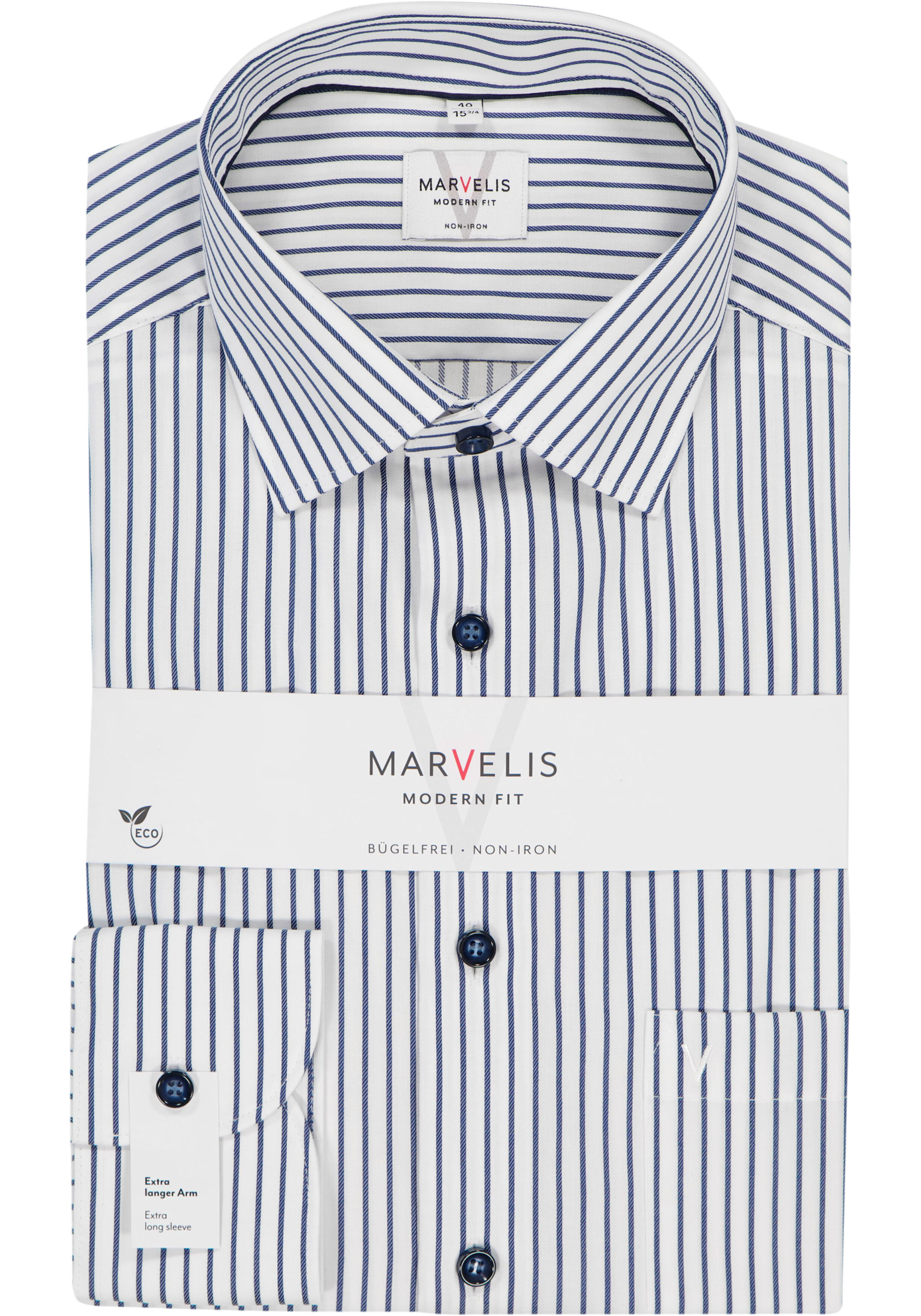 MARVELIS modern fit overhemd, mouwlengte 7, popeline, wit met donkerblauw gestreept