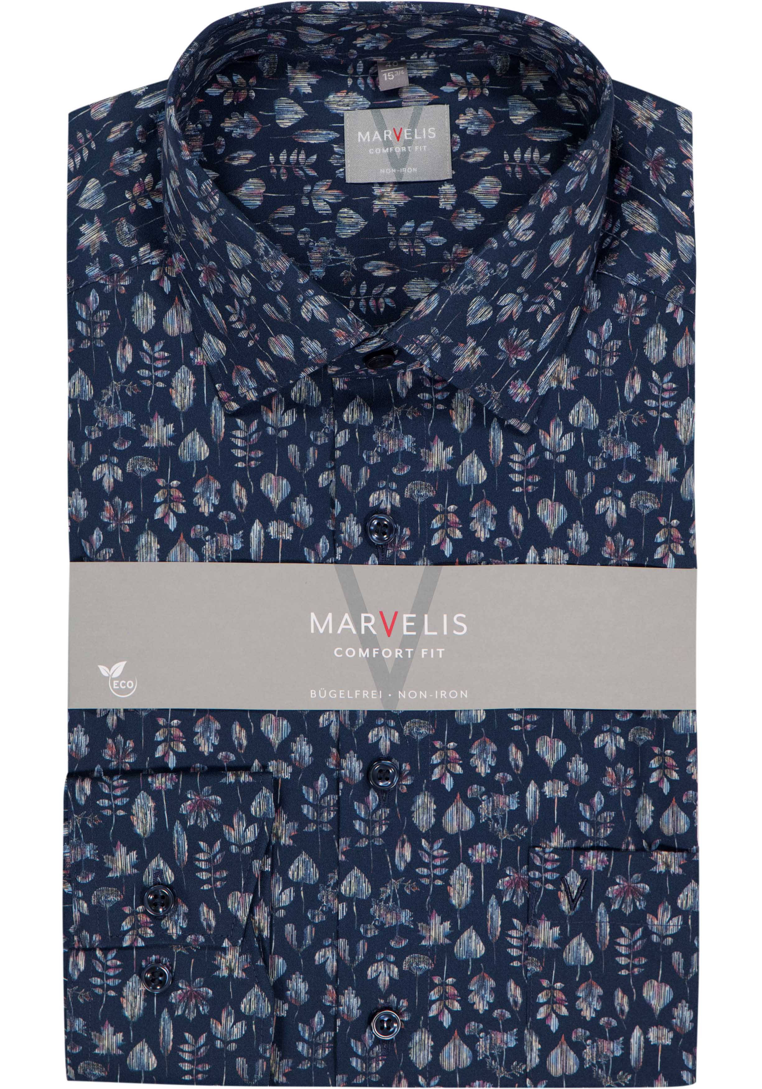 MARVELIS comfort fit overhemd, popeline, donkerblauw met gekleurd bladeren dessin
