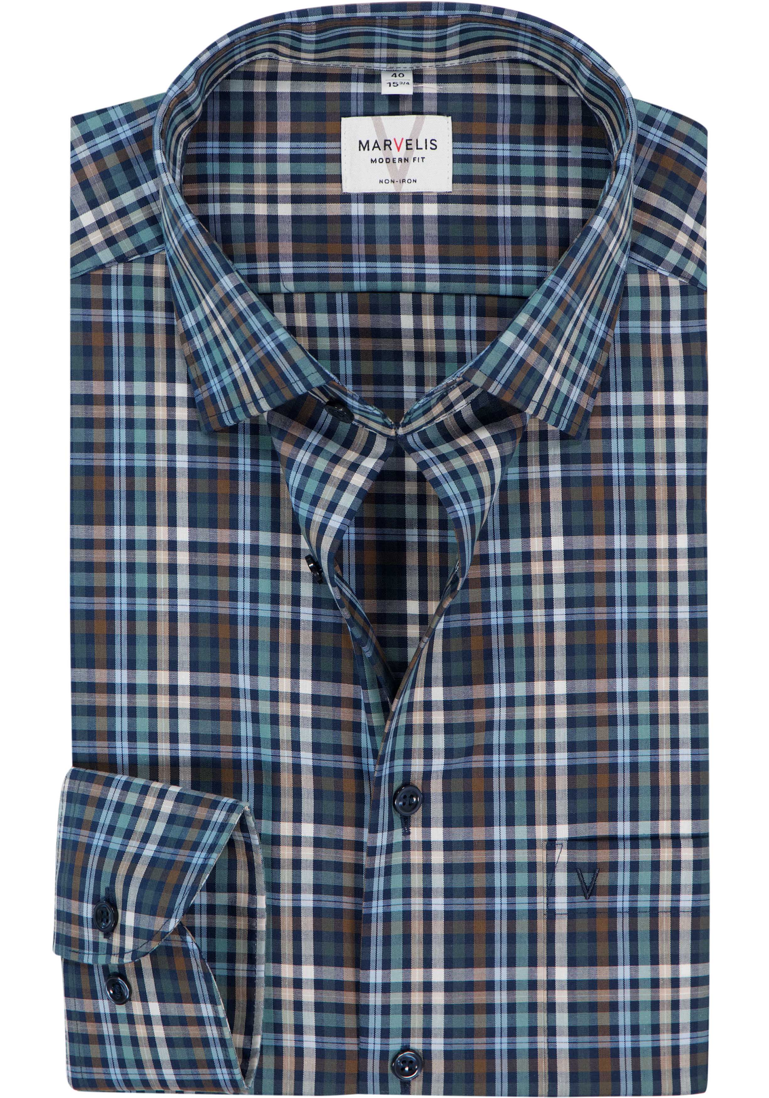 MARVELIS modern fit overhemd, popeline, blauw met groen, wit, beige en bruin geruit