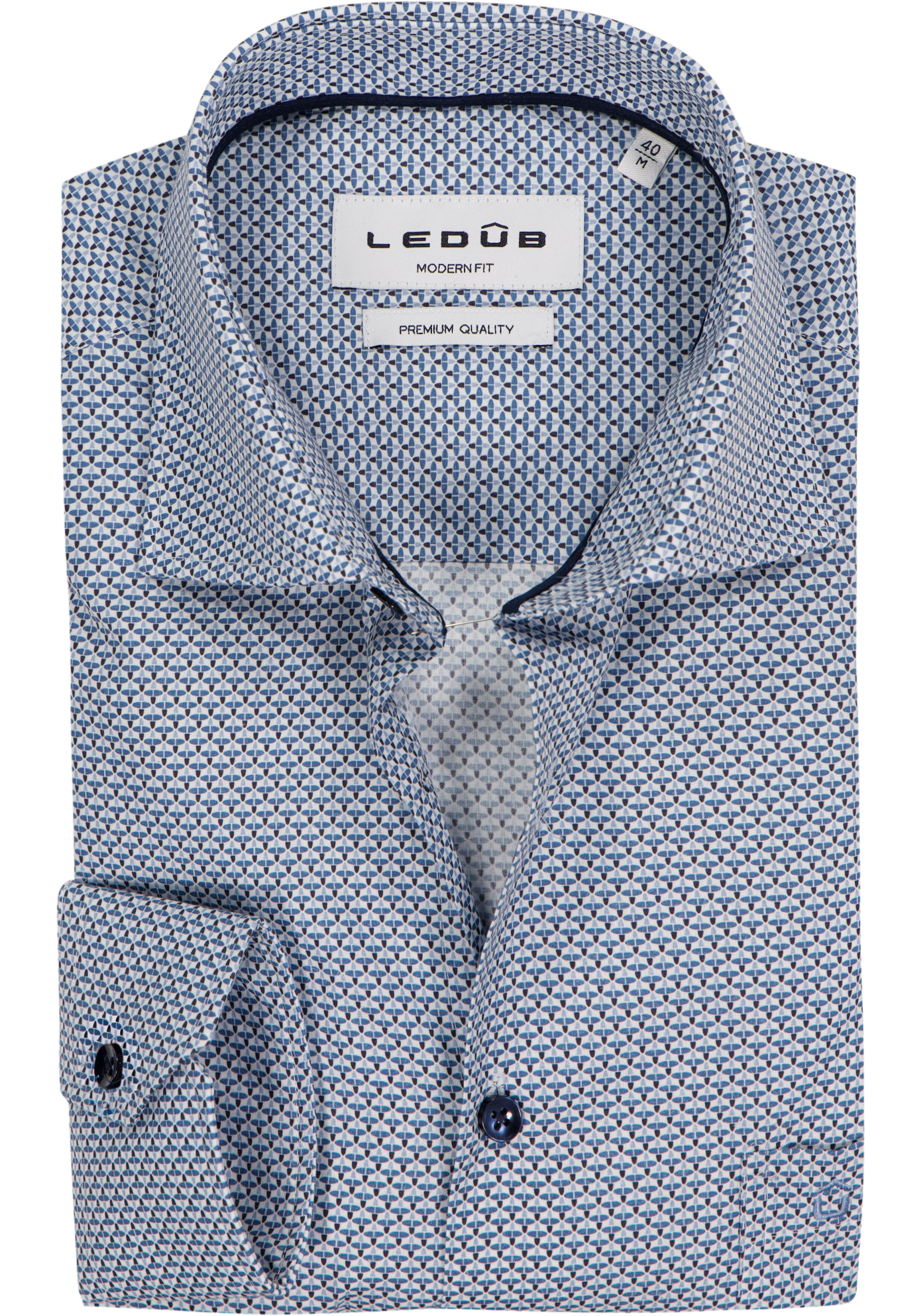Ledub modern fit overhemd, mouwlengte 72 cm, popeline, donker- en lichtblauw met wit dessin
